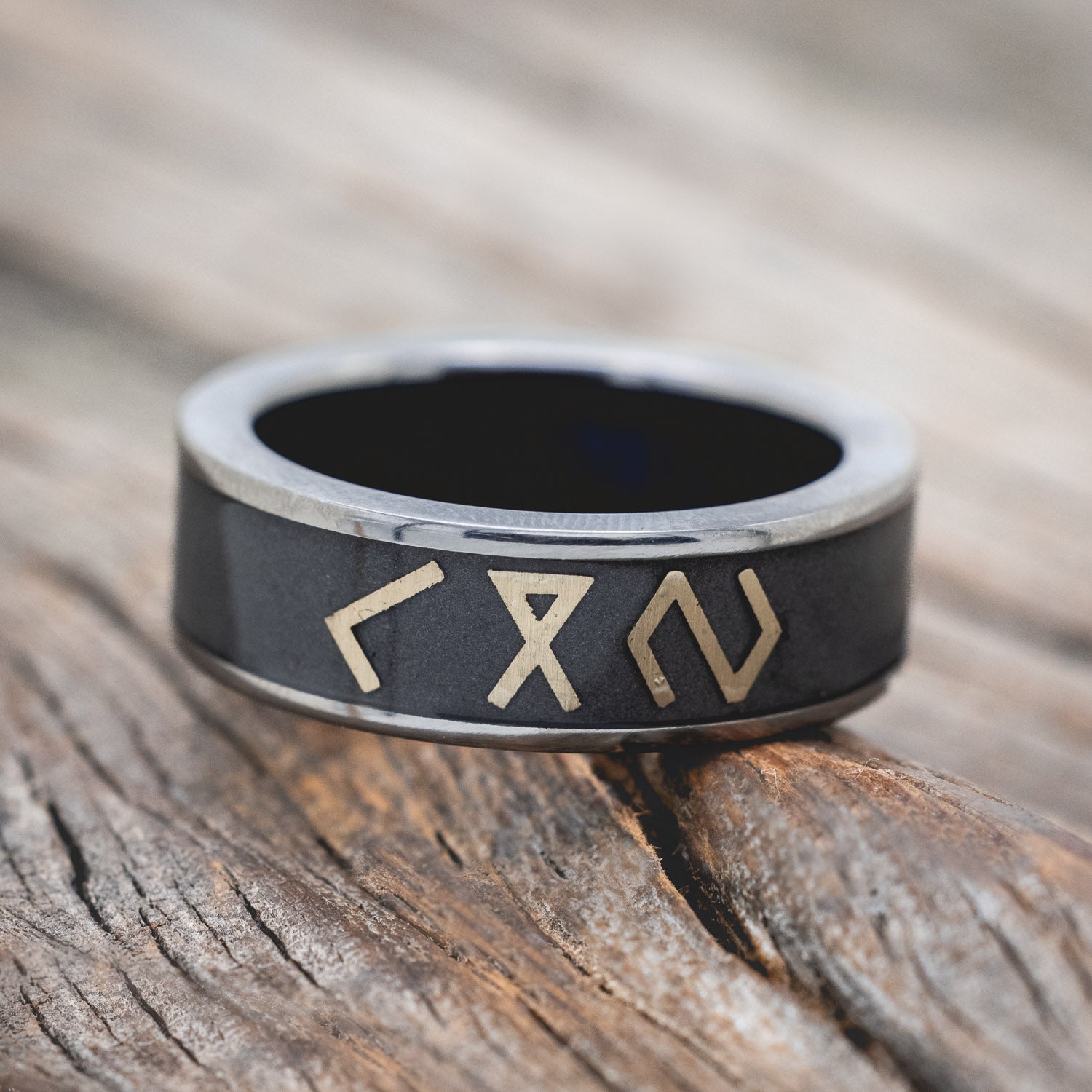 "RAINIER" - WEDDING BAND FEATURING 14K GOLD NORDIC SYMBOLS WITH A SANDBLASTED BACKGROUND AND A BLUE GOLDSTONE LINING-Staghead Designs