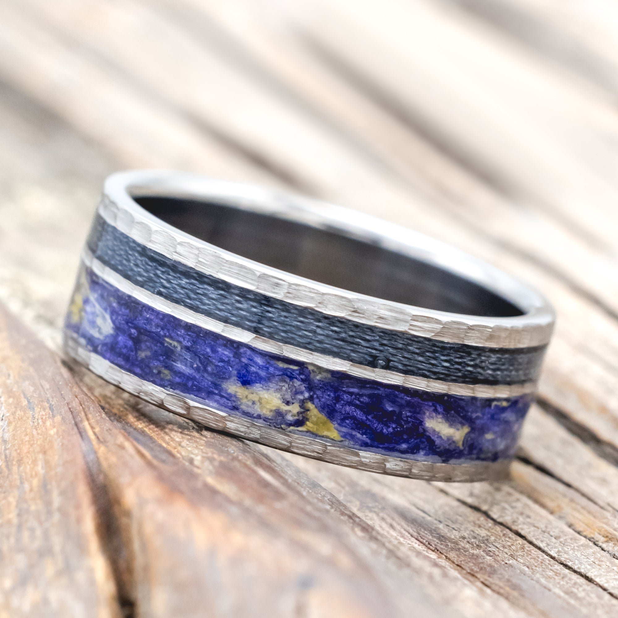 "RAPTOR" - BLUEBELL PETALS & GREY FISHING LINE INLAY WEDDING RING-Staghead Designs