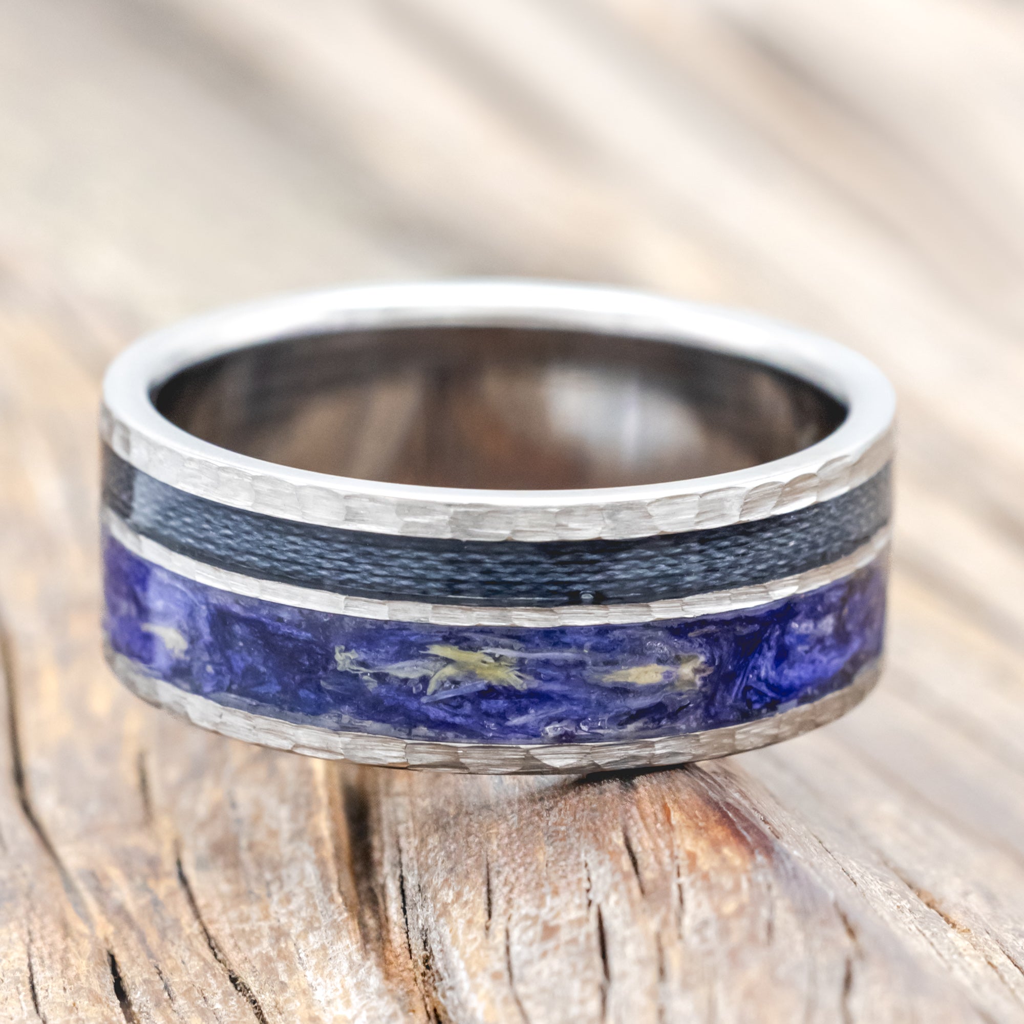 "RAPTOR" - BLUEBELL PETALS & GREY FISHING LINE INLAY WEDDING RING-Staghead Designs