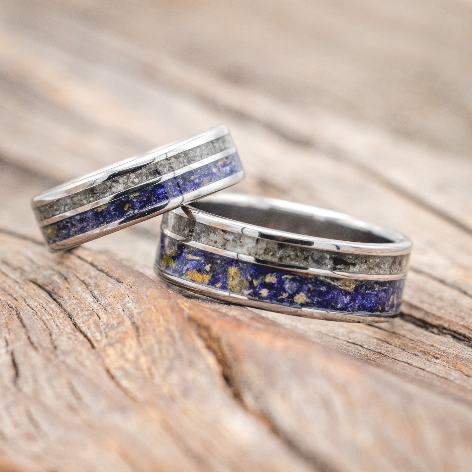 "Raptor" matching set - wedding rings featuring bluebell petals & moonstone inlays