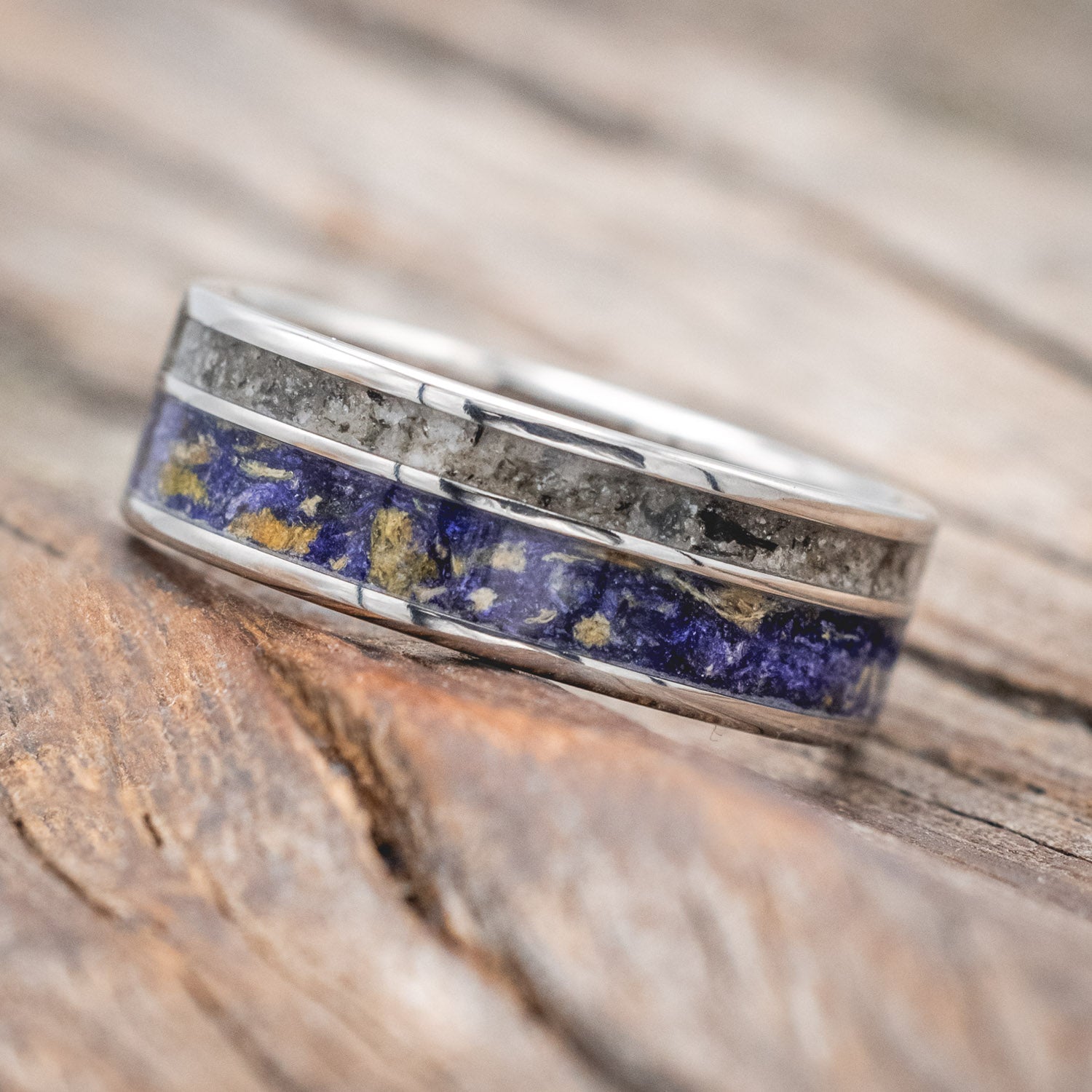 Wider "Raptor"- wedding ring featuring bluebell petals & moonstone inlays