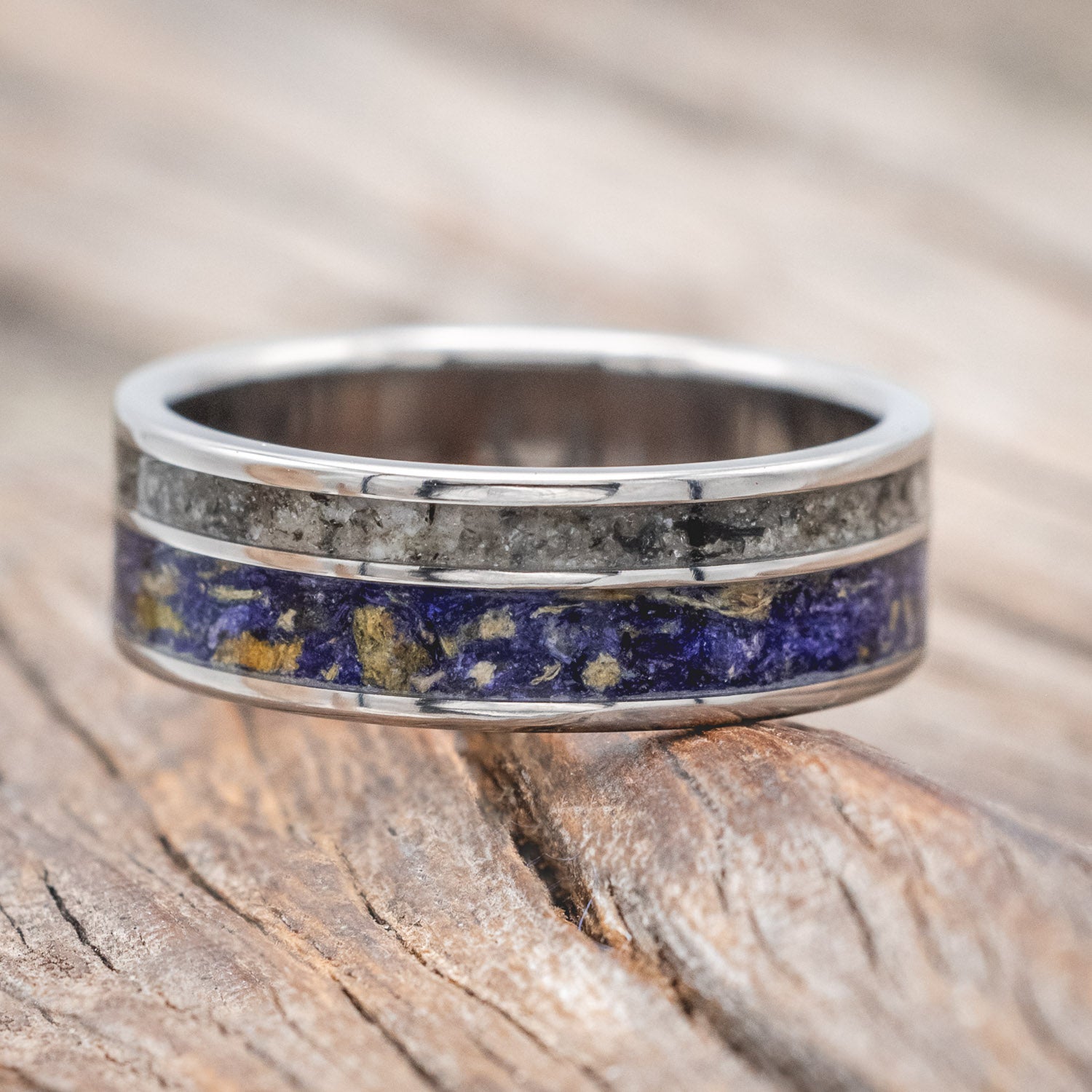 Wider "Raptor"- wedding ring featuring bluebell petals & moonstone inlays