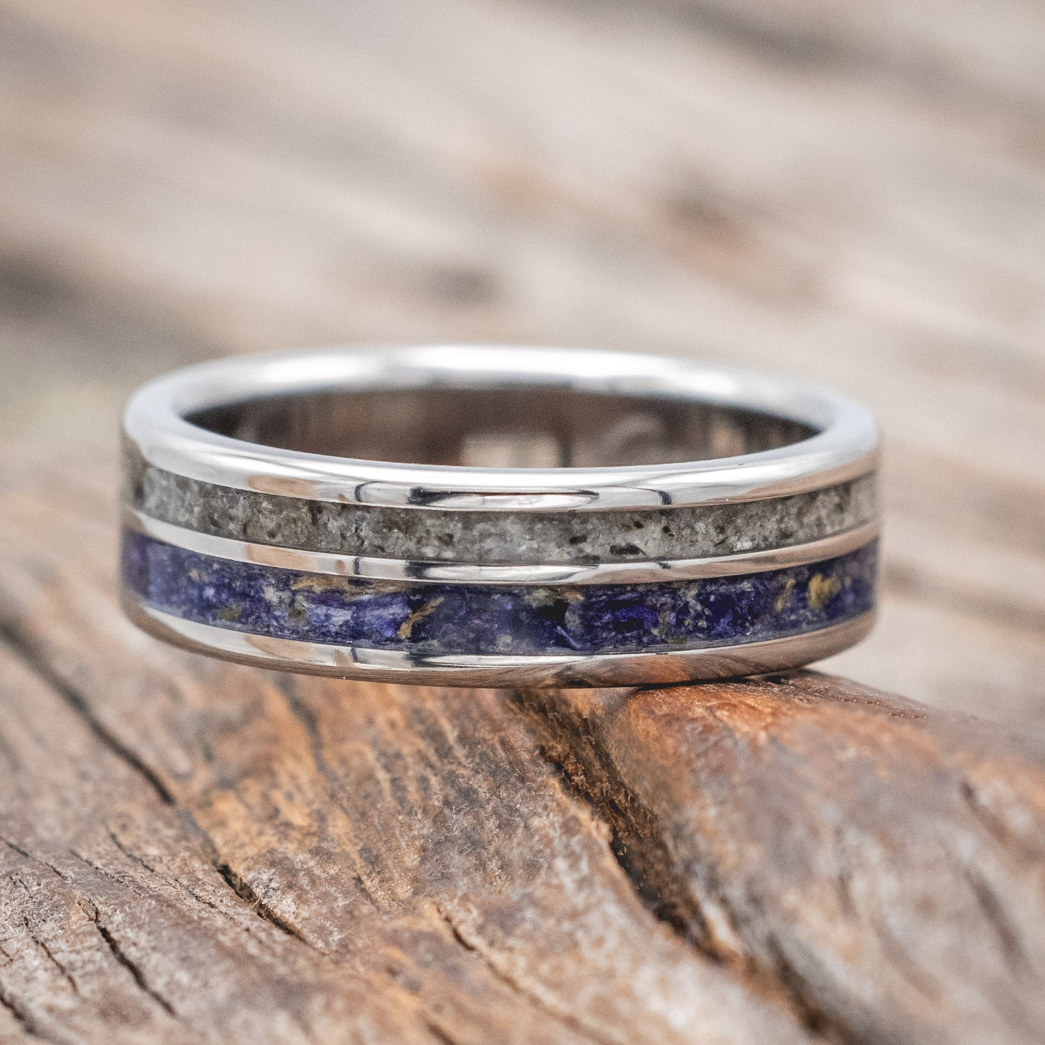 Narrower "Raptor"- wedding ring featuring bluebell petals & moonstone inlays