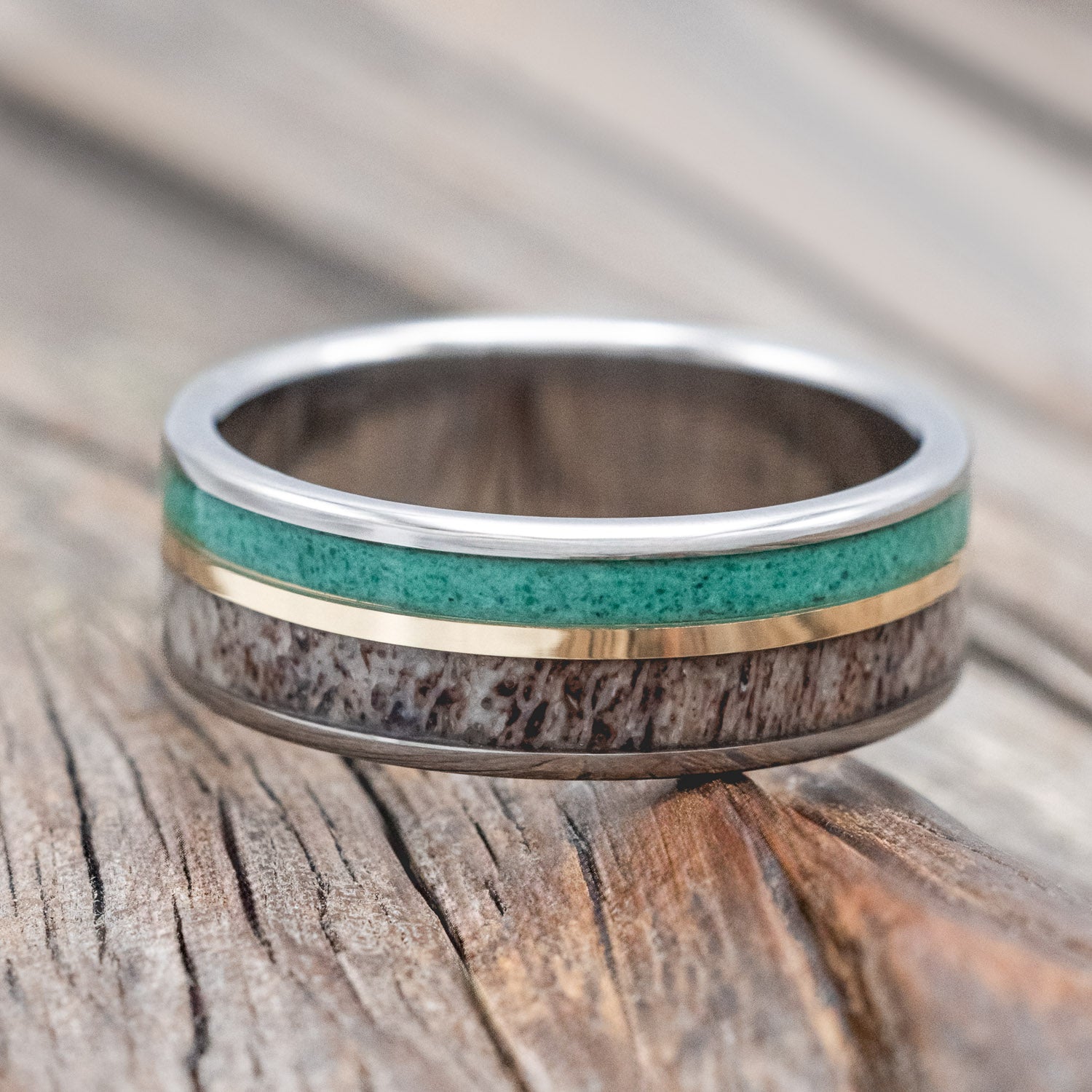 "RAPTOR" - MALACHITE, ANTLER & 14K GOLD INLAY WEDDING RING-Staghead Designs