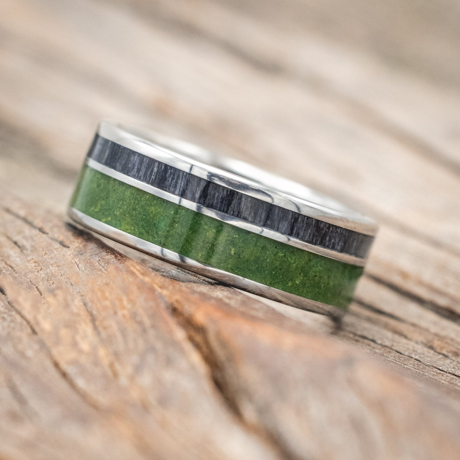 "RAPTOR" - MOSS WITH GREY BIRCH WOOD WEDDING BAND-Staghead Designs