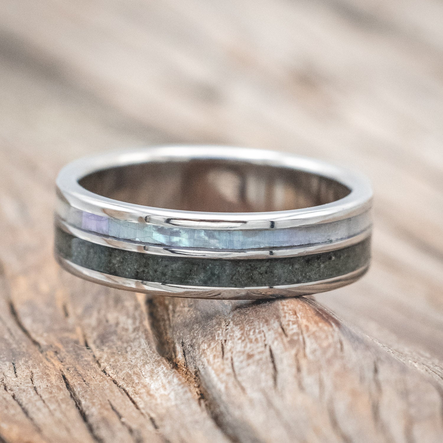 "RAPTOR" - MOTHER OF PEARL & CRUSHED MOSS AGATE WEDDING BAND-Staghead Designs