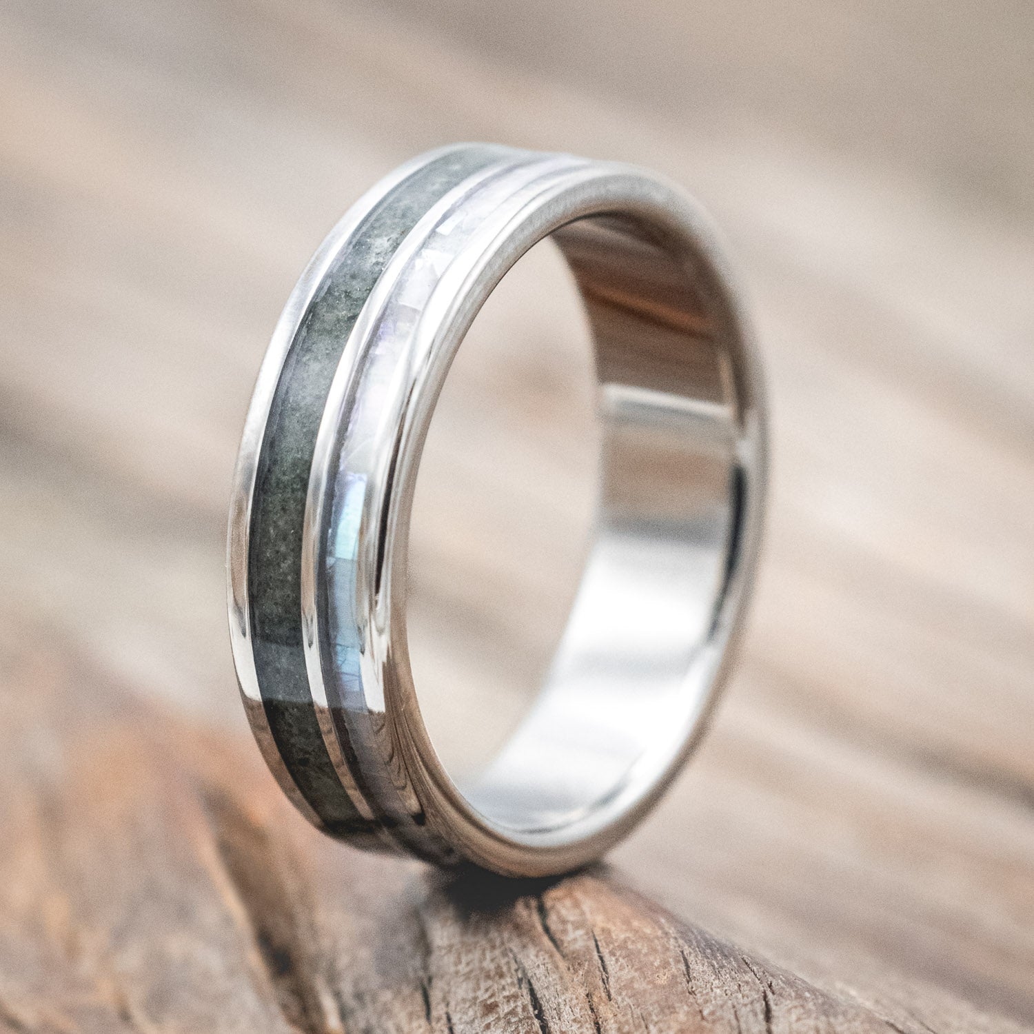 "RAPTOR" - MOTHER OF PEARL & CRUSHED MOSS AGATE WEDDING BAND-Staghead Designs