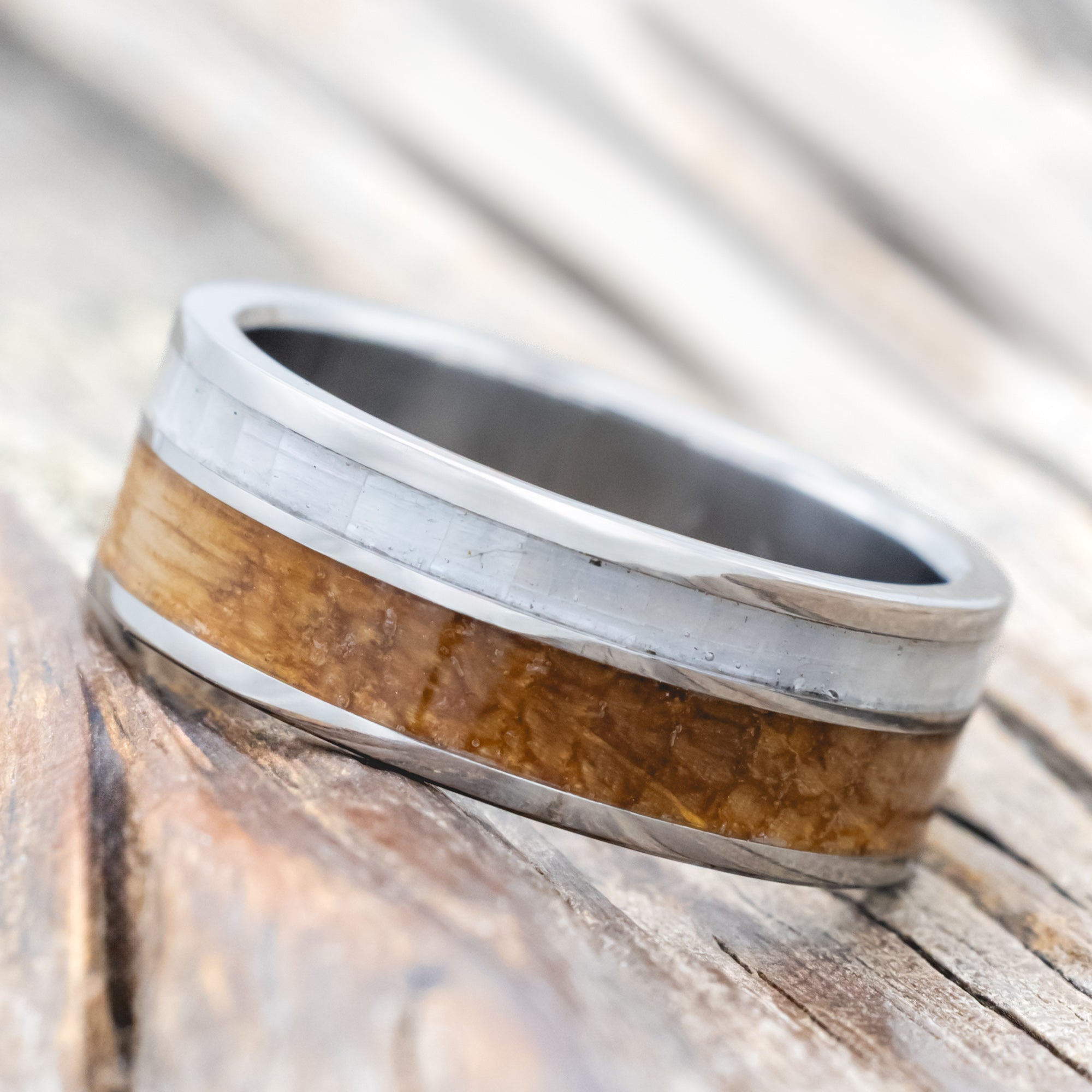 "RAPTOR" - MOTHER OF PEARL & WHISKEY BARREL OAK WEDDING BAND-Staghead Designs