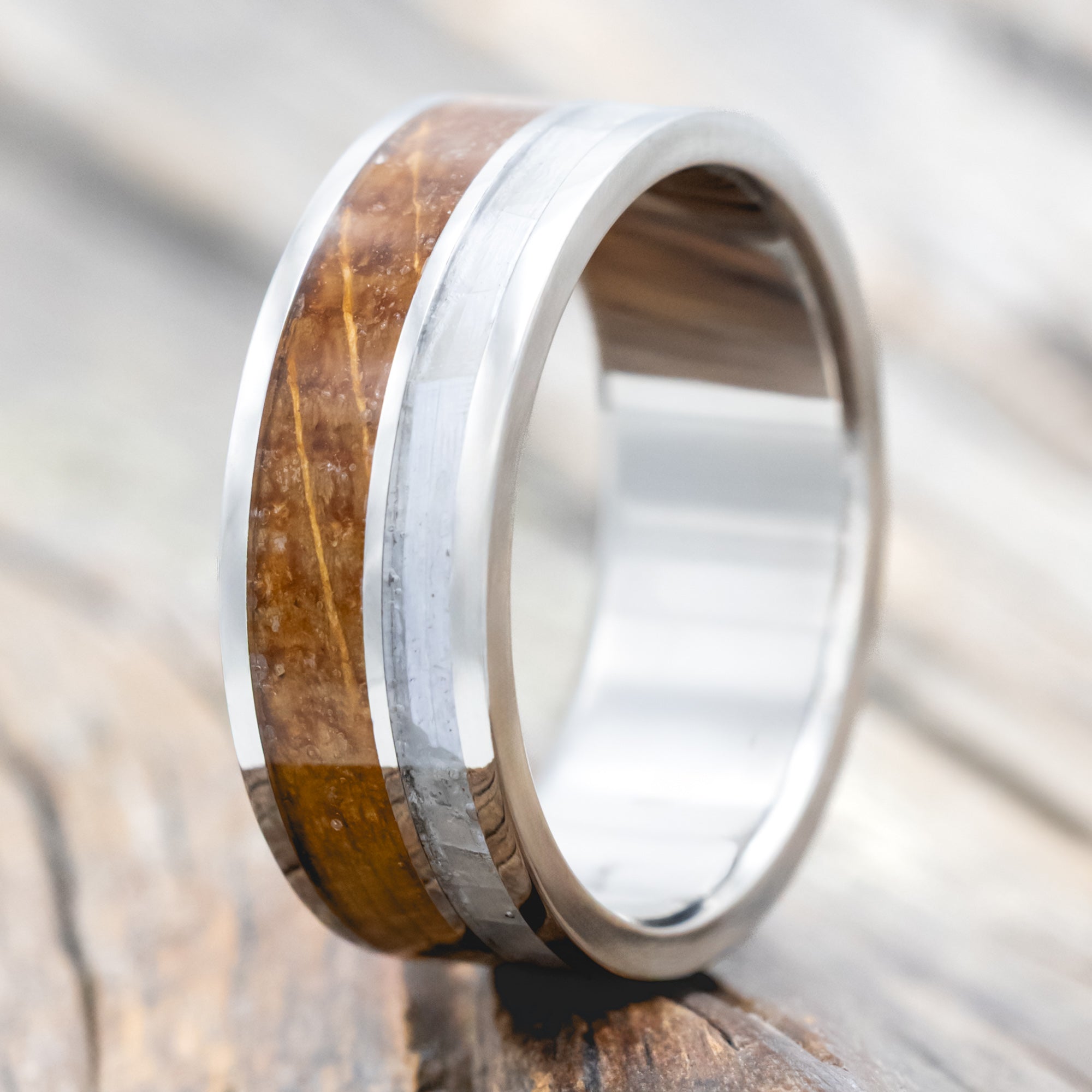 "RAPTOR" - MOTHER OF PEARL & WHISKEY BARREL OAK WEDDING BAND-Staghead Designs