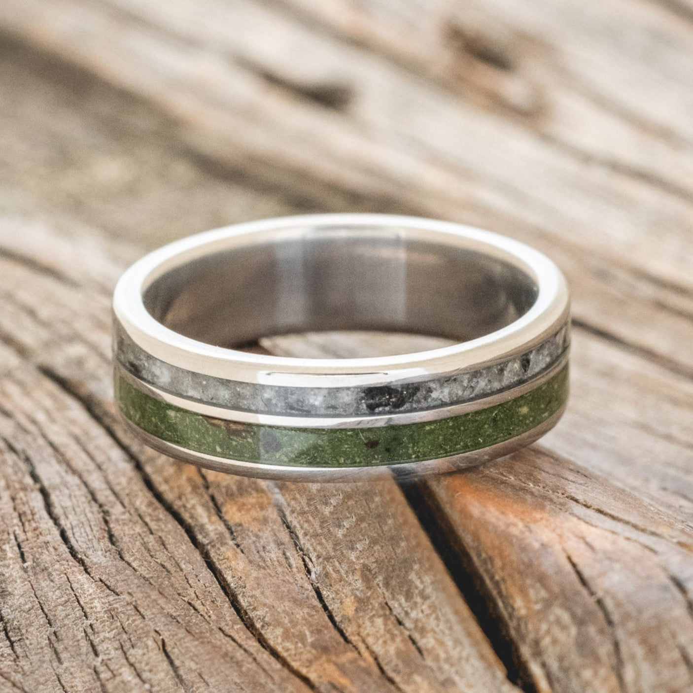 "RAPTOR" - MOSS WITH MOLDAVITE & MOONSTONE MIX WEDDING BAND-3