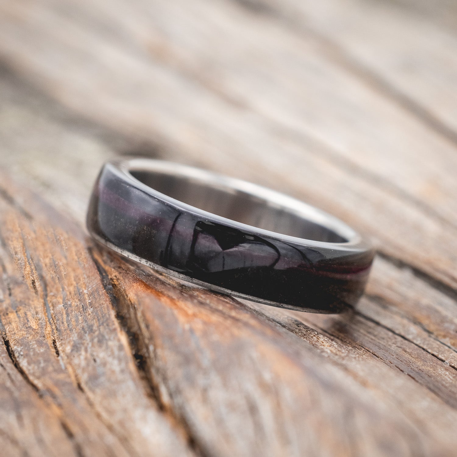 "REMMY" - EBONY WOOD WEDDING BAND WITH A PURPLE HEART WOOD INLAY-Staghead Designs