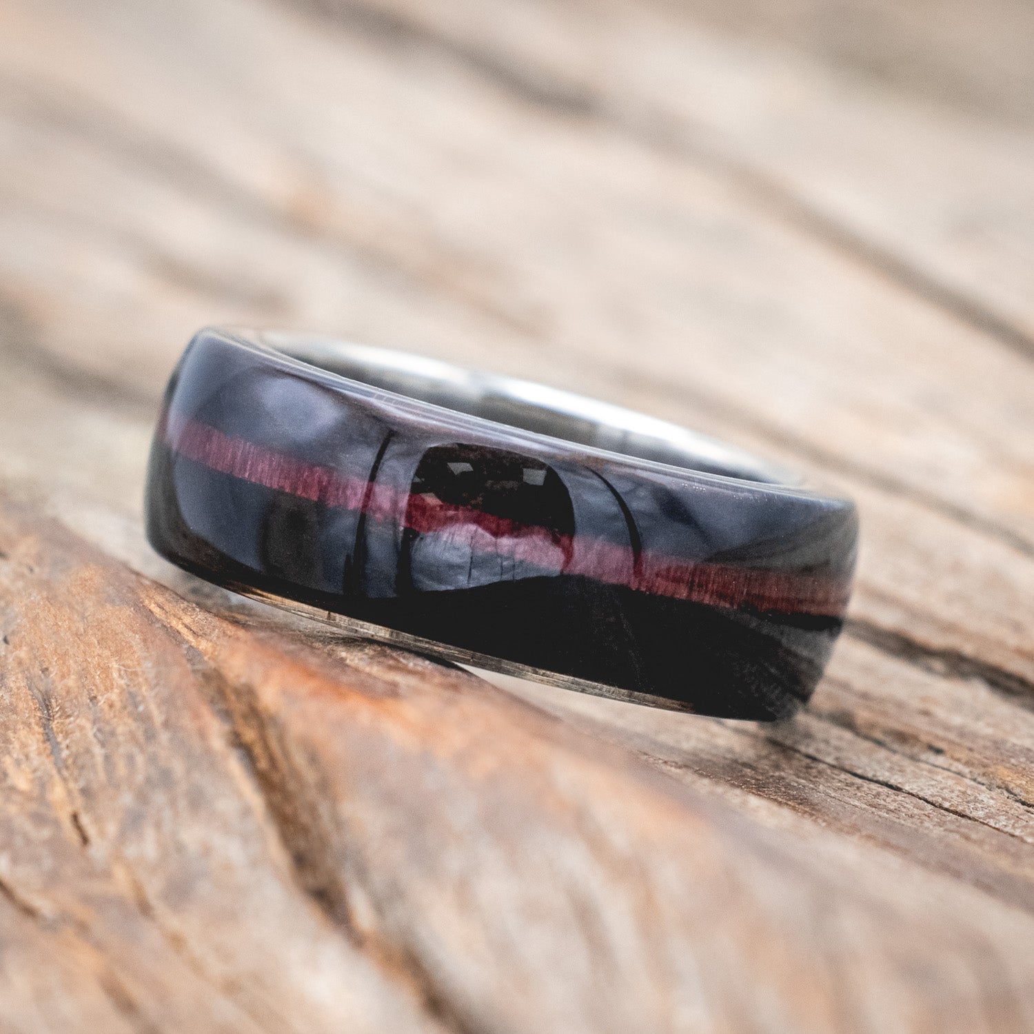 "REMMY" - EBONY WOOD WEDDING BAND WITH A PURPLE HEART WOOD INLAY-Staghead Designs