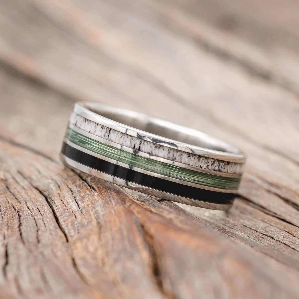 "Rio" - Antler, Green Mono Fishing Line, And Whiskey Barrel Oak Wedding Band - Titanium (8mm) - Size 12