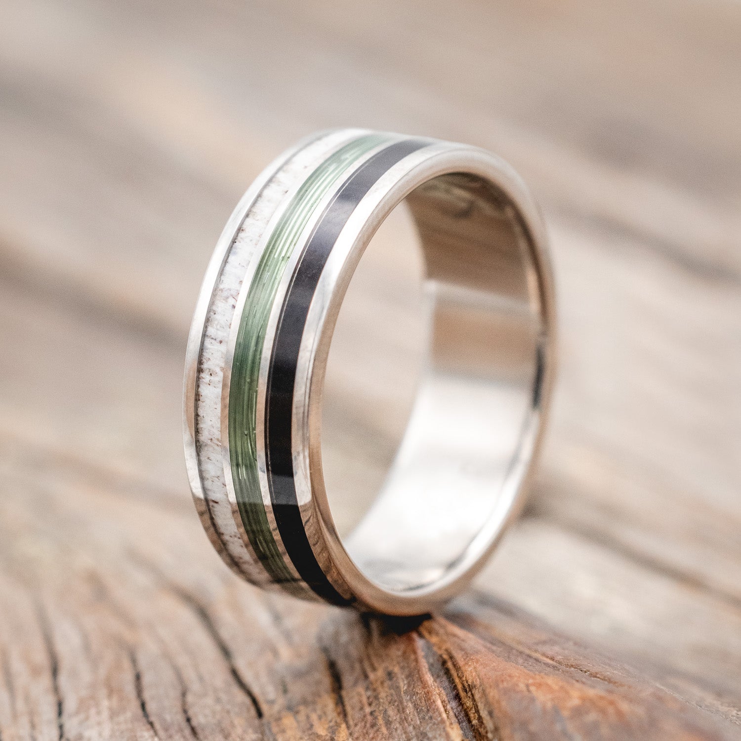 "RIO" - ANTLER, IRONWOOD & GREEN MONO FISHING LINE WEDDING BAND-Staghead Designs