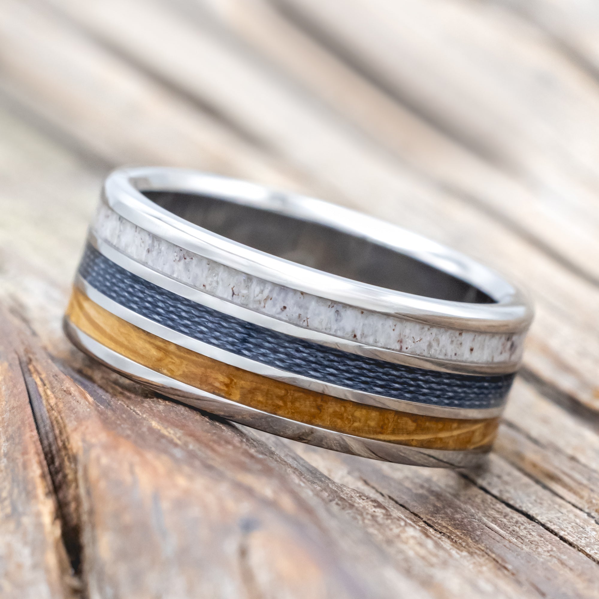"RIO" - ANTLER, WHISKEY BARREL OAK & GREY BRAIDED FISHING LINE WEDDING BAND-Staghead Designs