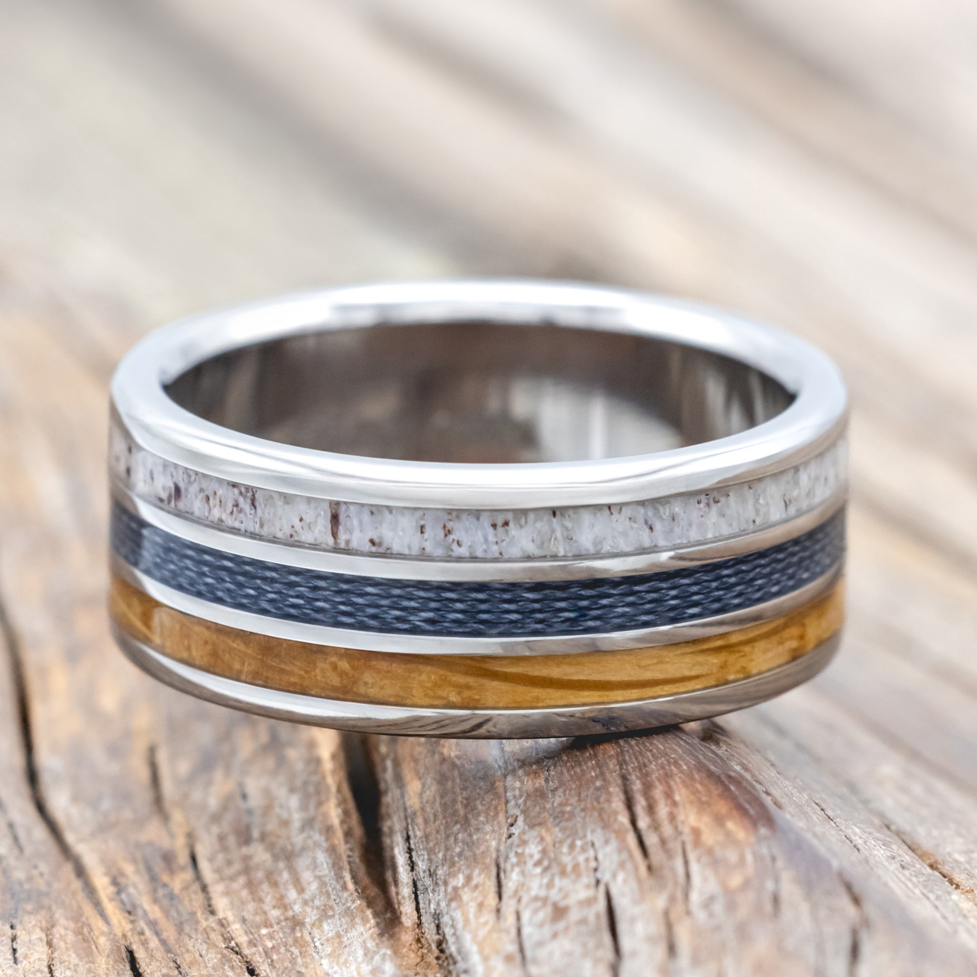 "RIO" - ANTLER, WHISKEY BARREL OAK & GREY BRAIDED FISHING LINE WEDDING BAND-Staghead Designs