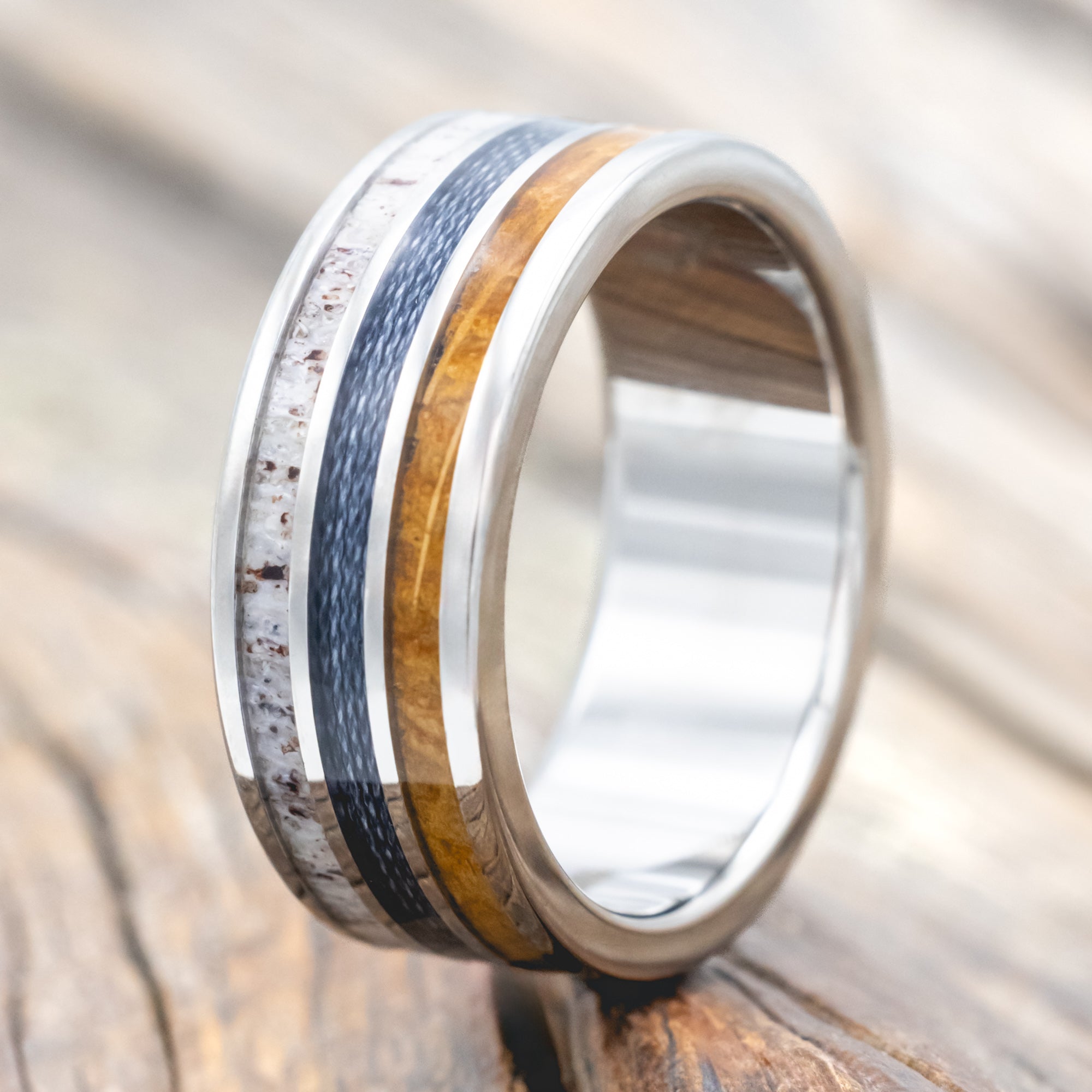 "RIO" - ANTLER, WHISKEY BARREL OAK & GREY BRAIDED FISHING LINE WEDDING BAND-Staghead Designs