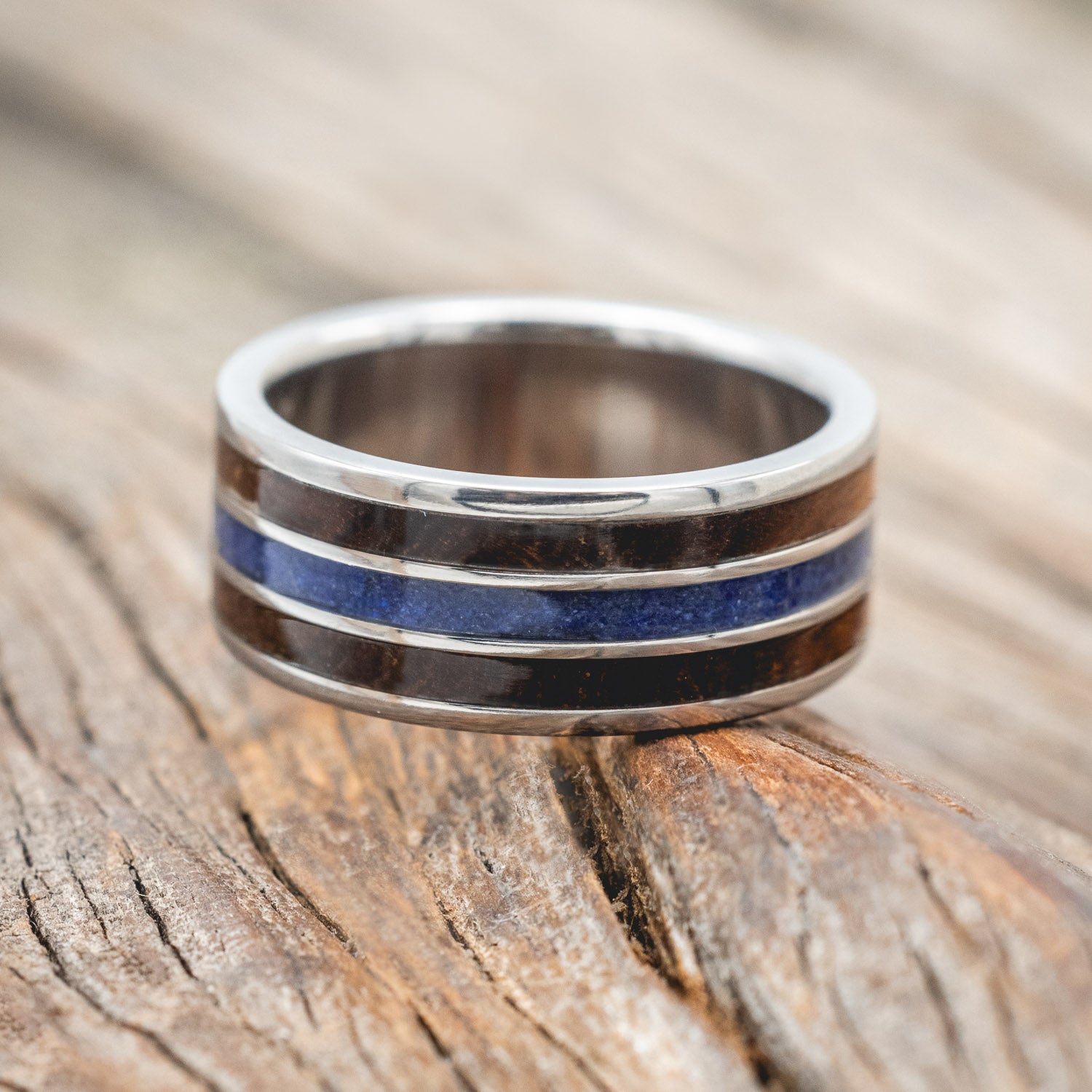 "RIO" - IRONWOOD & LAPIS LAZULI WEDDING RING FEATURING A 14K GOLD BAND-Staghead Designs