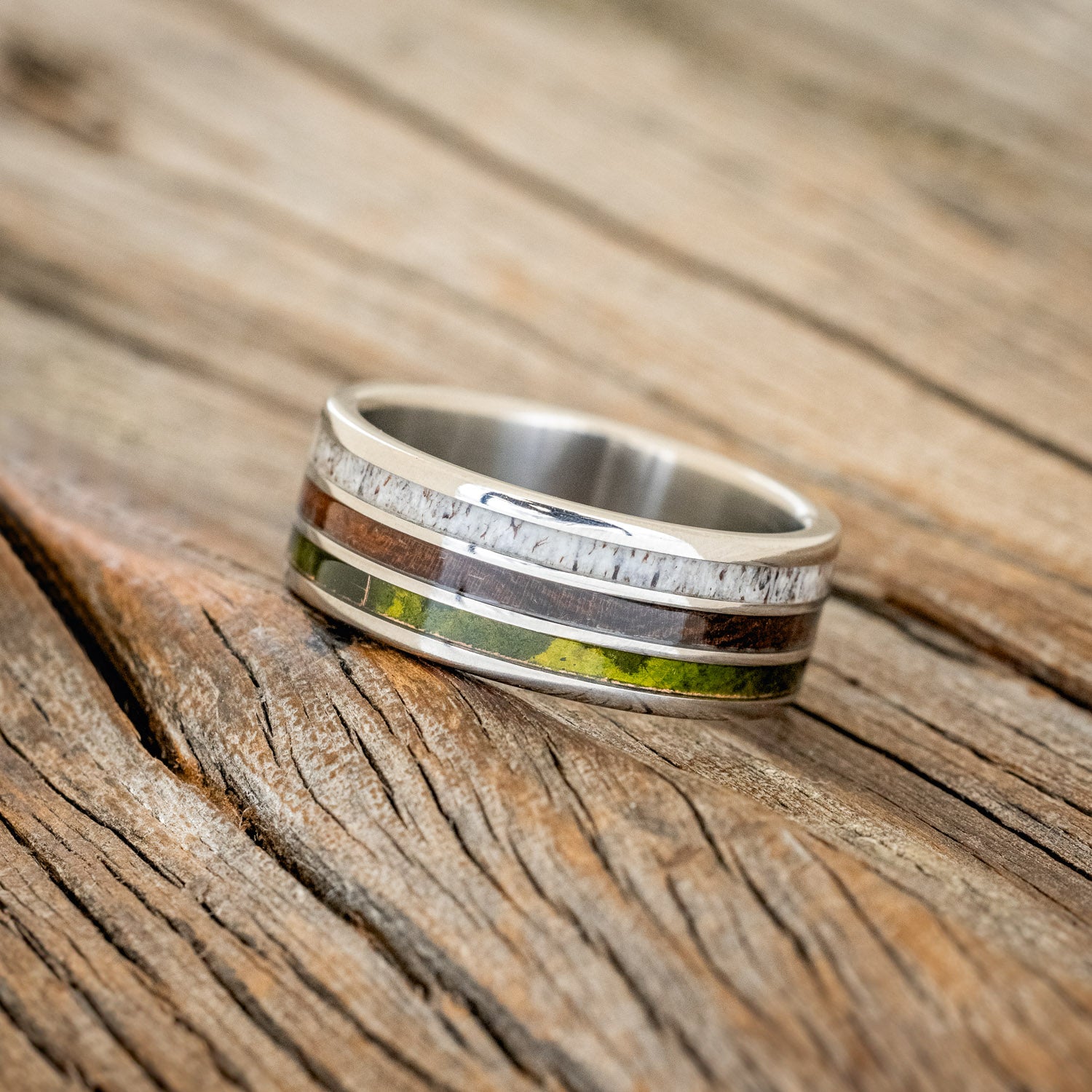 "RIO" - MOSSY PATINA COPPER, ANTLER & IRONWOOD WEDDING BAND-2
