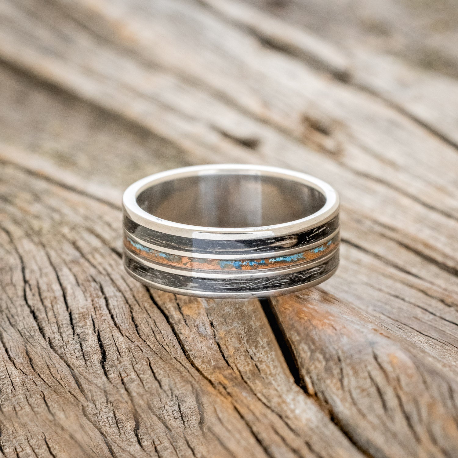 "RIO" - PATINA COPPER & DUCK FEATHER WEDDING BAND-3