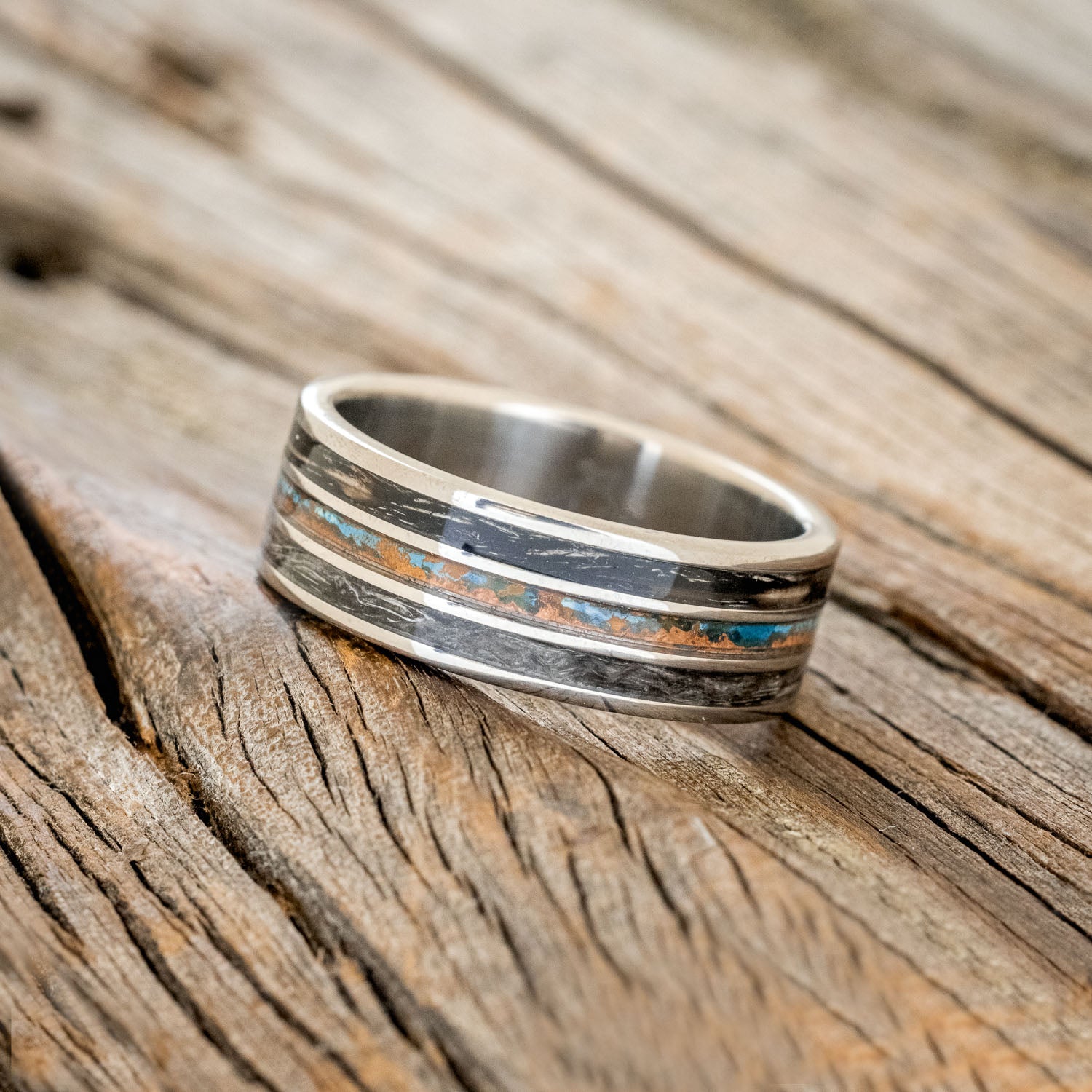 "RIO" - PATINA COPPER & DUCK FEATHER WEDDING BAND-2