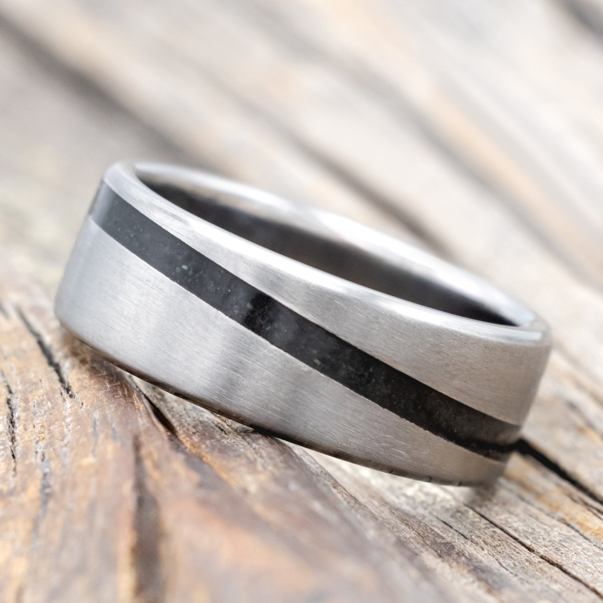 "RONAN" - WEDDING BAND WITH AN ANGLED MOLDAVITE & MOSS AGATE INLAY AND A BRUSHED FINISH-Staghead Designs