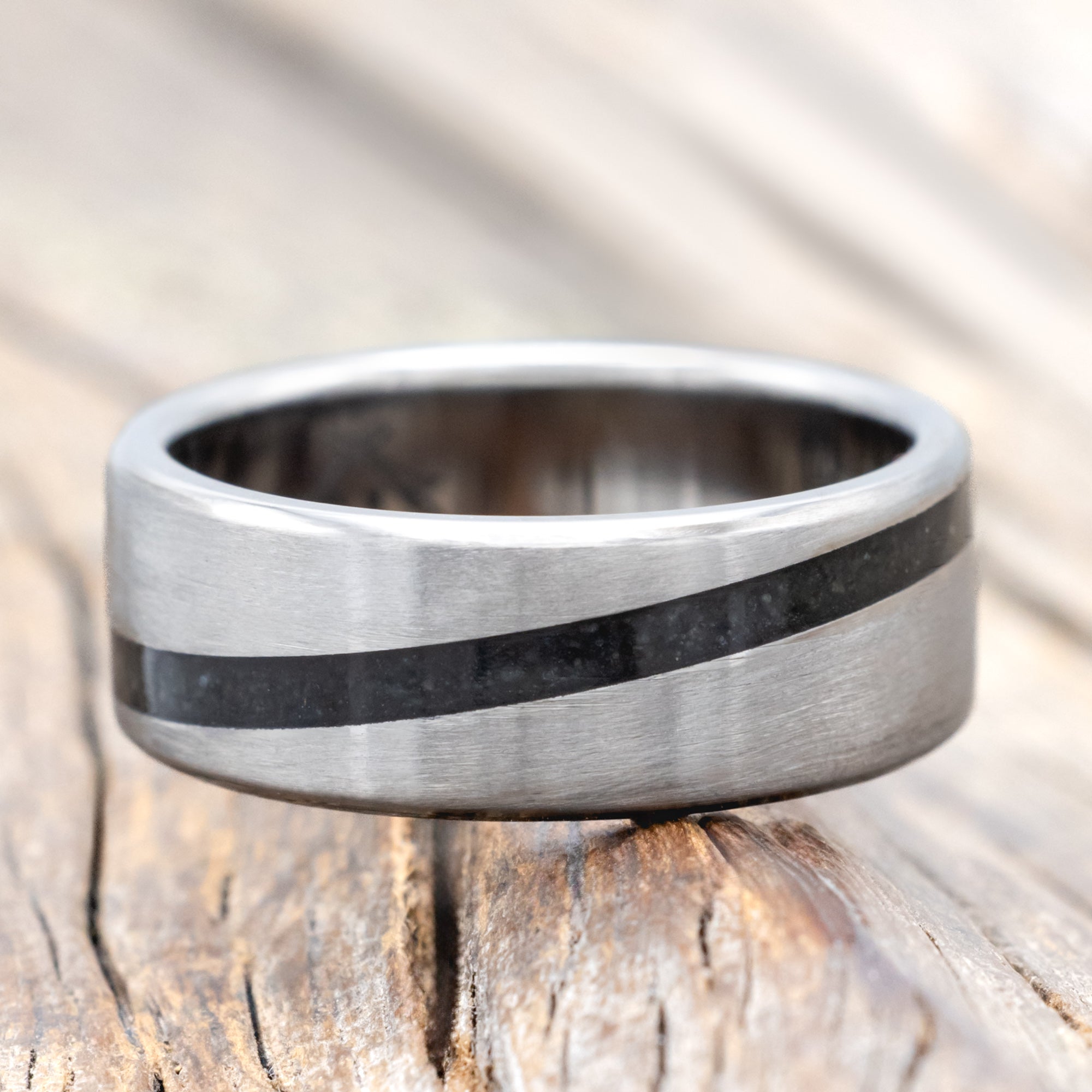 "RONAN" - WEDDING BAND WITH AN ANGLED MOLDAVITE & MOSS AGATE INLAY AND A BRUSHED FINISH-Staghead Designs