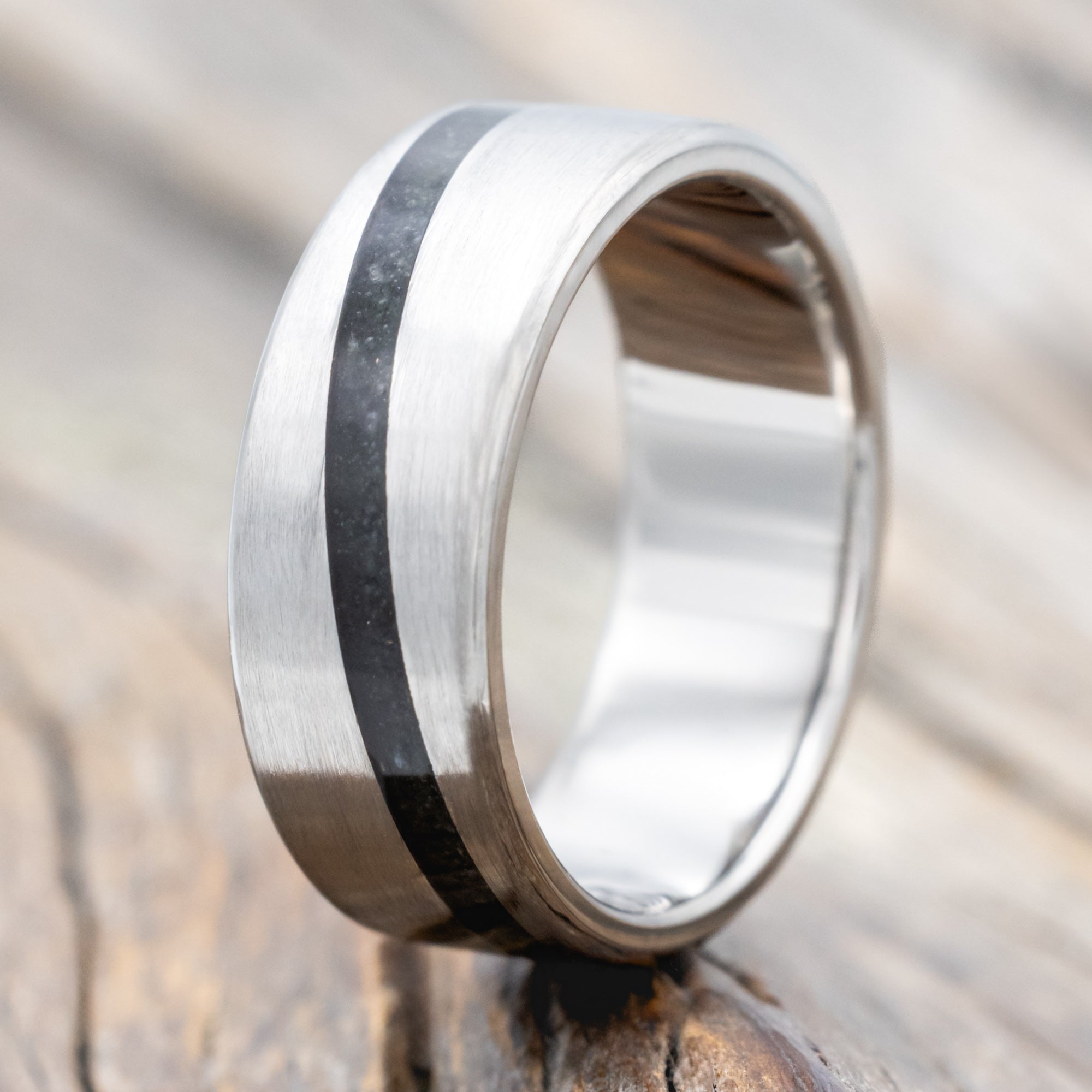 "RONAN" - WEDDING BAND WITH AN ANGLED MOLDAVITE & MOSS AGATE INLAY AND A BRUSHED FINISH-Staghead Designs