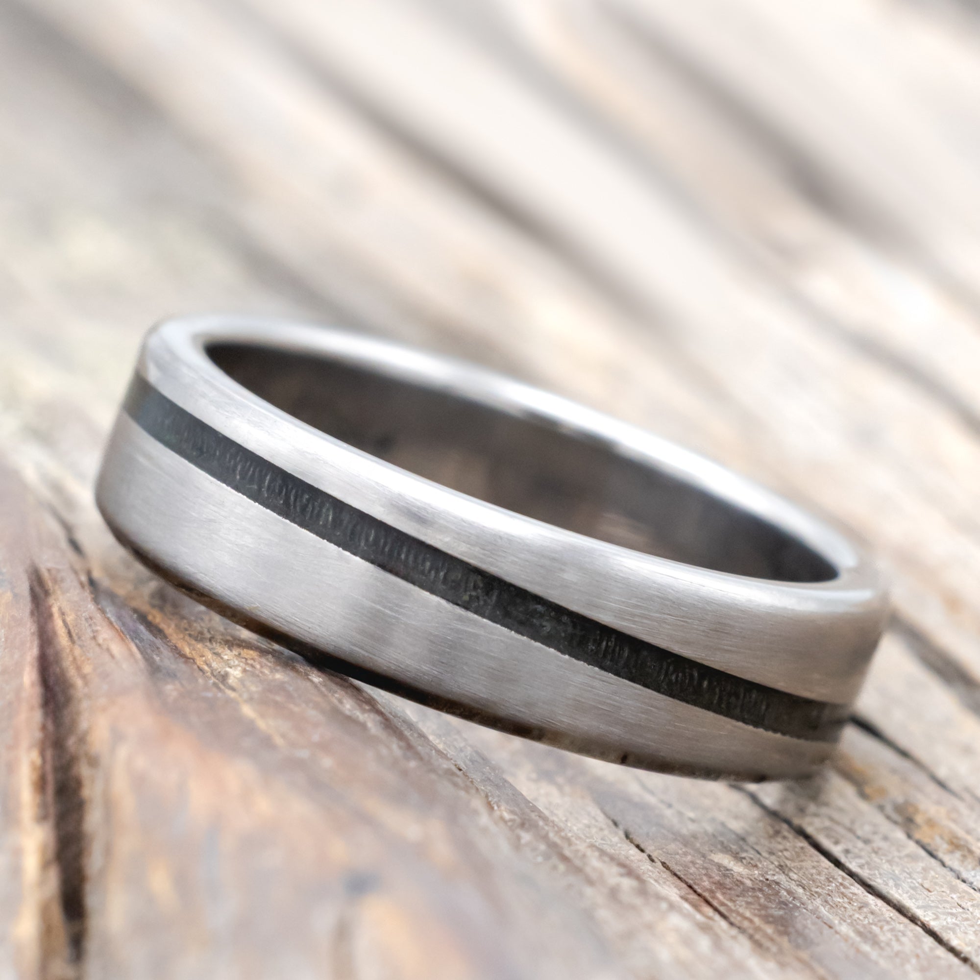 "RONAN" - WEDDING BAND WITH AN ANGLED MOLDAVITE & MOSS AGATE INLAY AND A BRUSHED FINISH-Staghead Designs