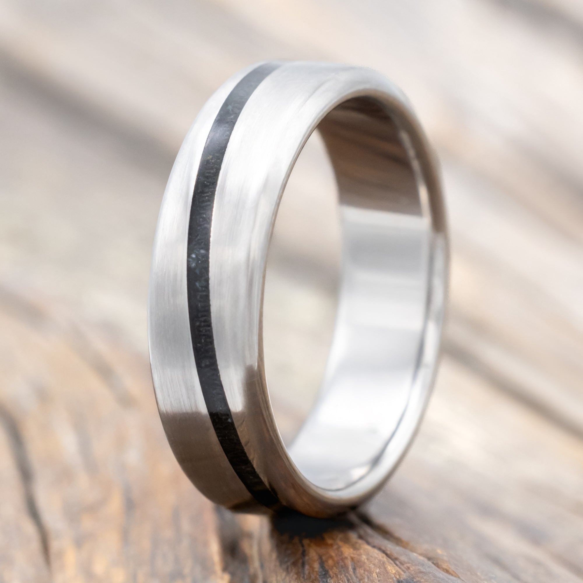 "RONAN" - WEDDING BAND WITH AN ANGLED MOLDAVITE & MOSS AGATE INLAY AND A BRUSHED FINISH-Staghead Designs