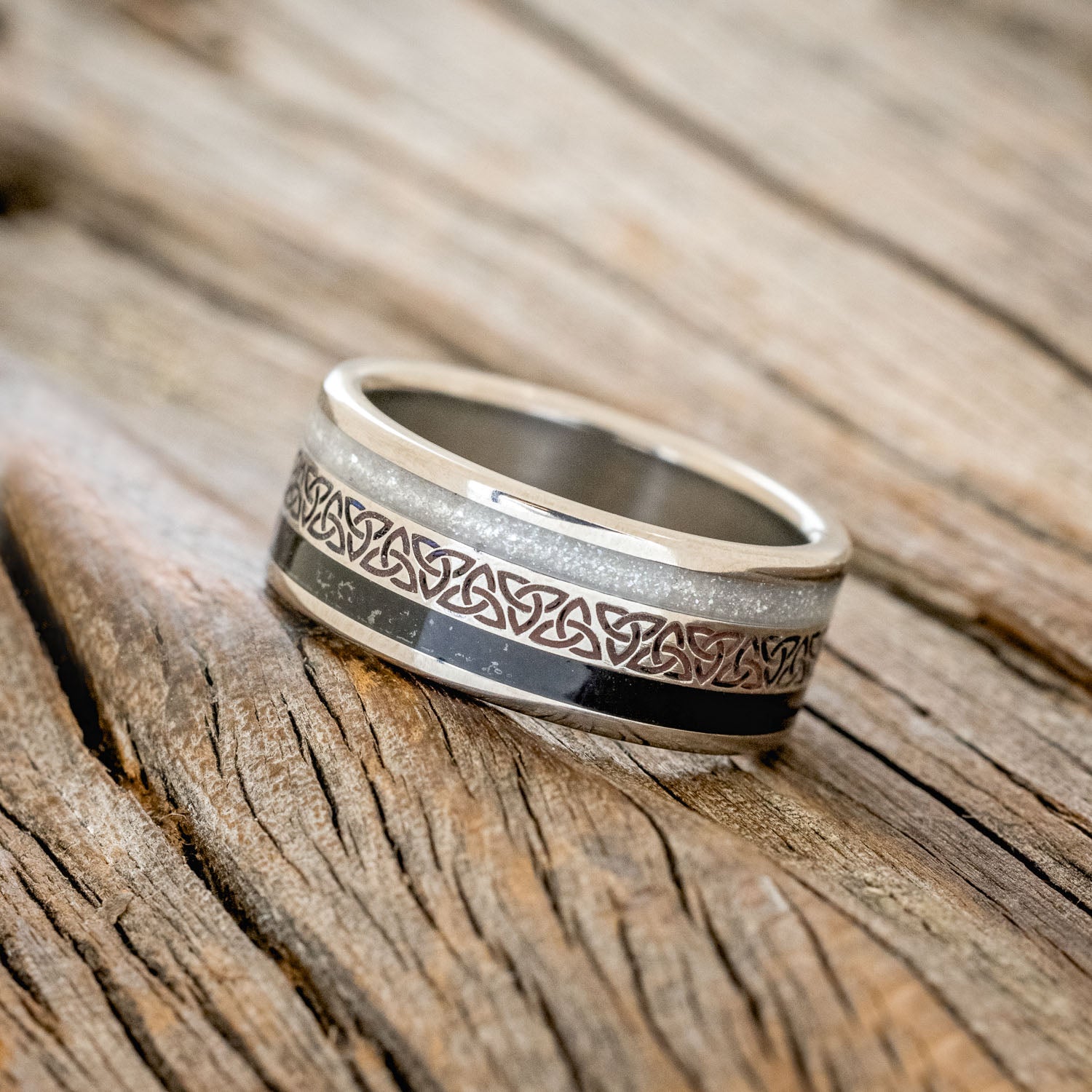 "RYDER" - CELTIC TRIQUETRA KNOT ENGRAVED, DIAMOND DUST & JET STONE WEDDING RING-2