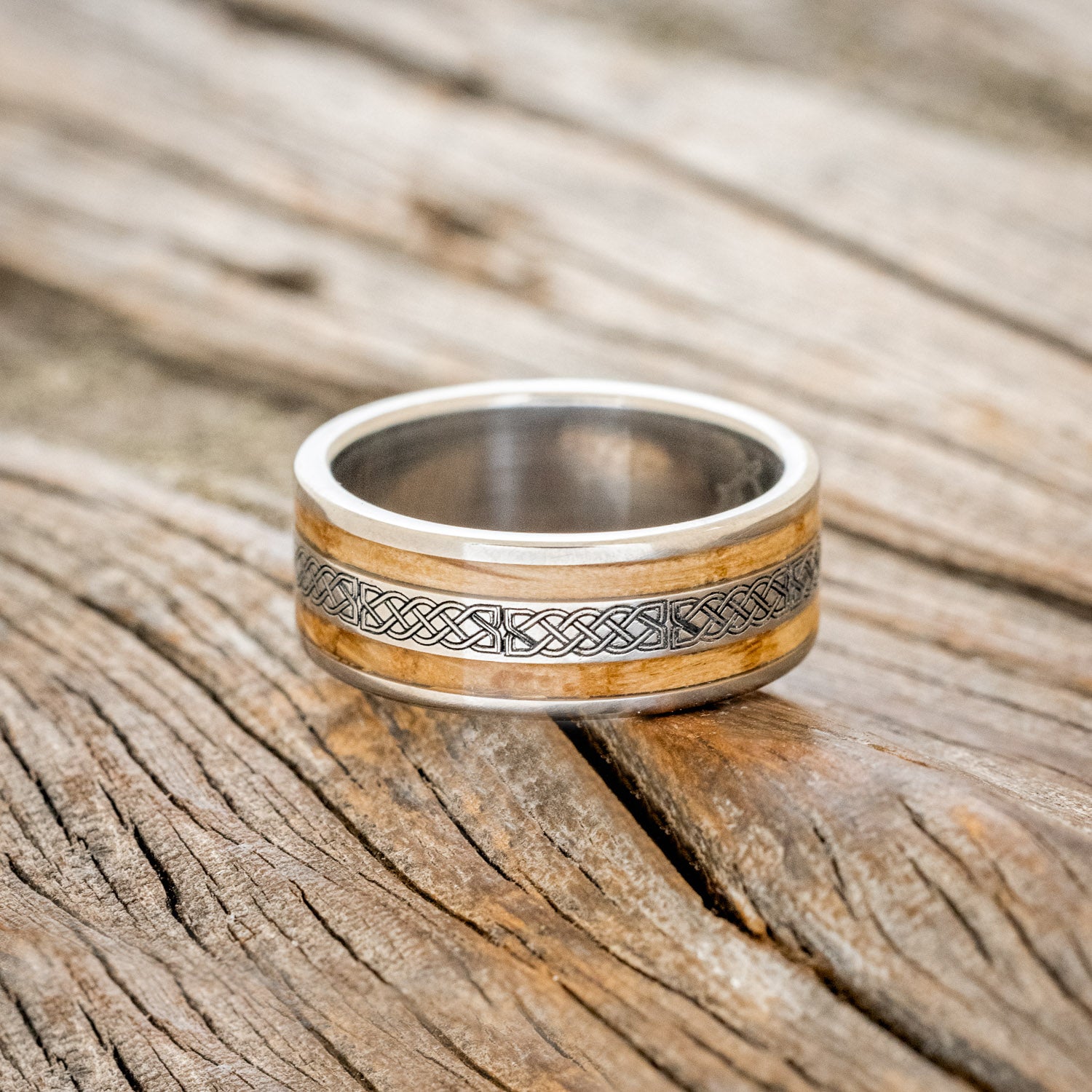 "RYDER" - CELTIC SAILOR'S KNOT ENGRAVED & WHISKEY BARREL MATCHING WEDDING BANDS-4