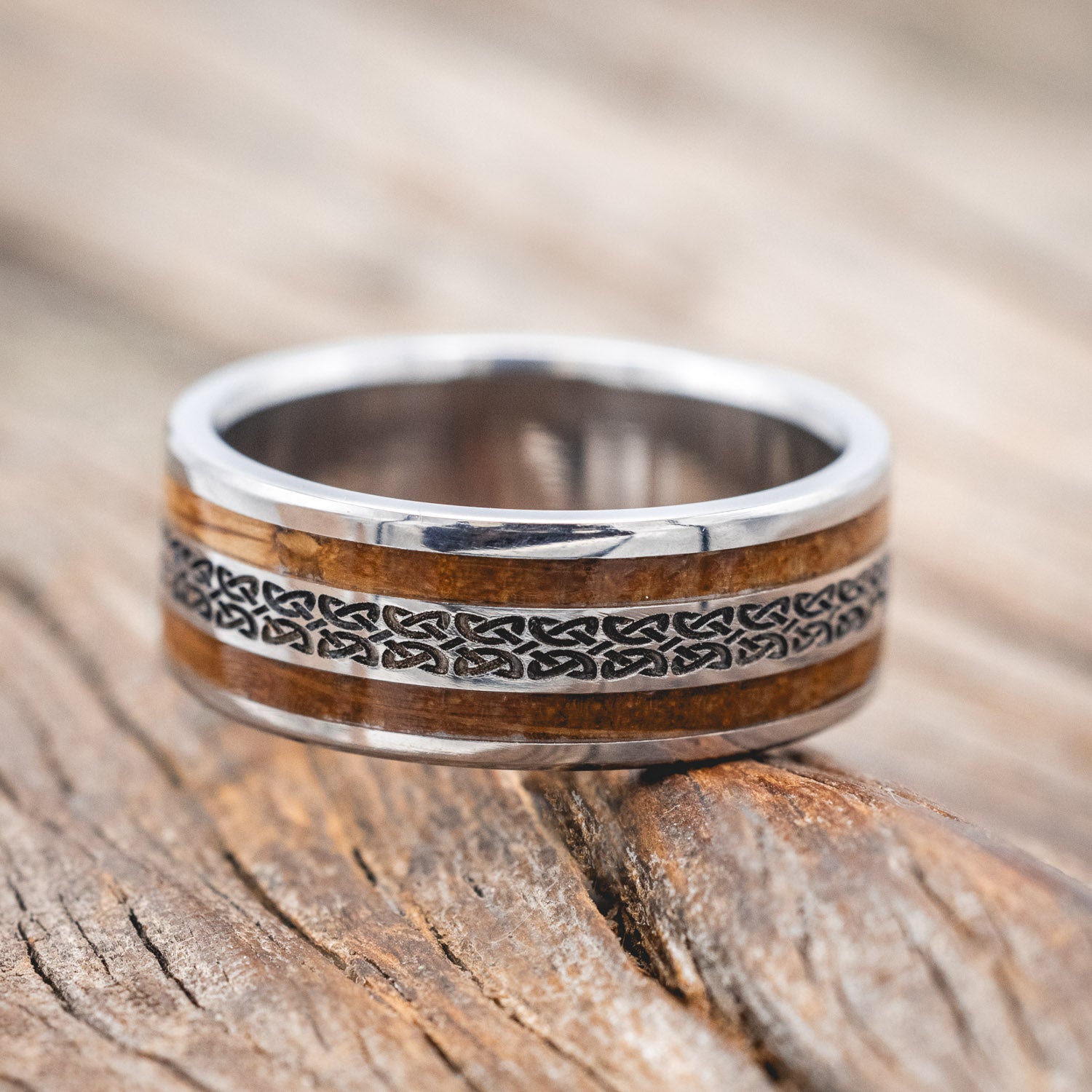 "RYDER" - CELTIC LOVE KNOT ENGRAVED & WHISKEY BARREL OAK WEDDING RING-Staghead Designs