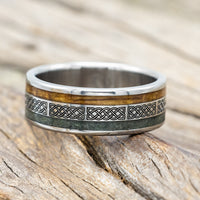 "RYDER" - CELTIC SAILOR'S KNOT ENGRAVED WITH WHISKEY BARREL & MOSS AGATE WEDDING RING-Staghead Desig…