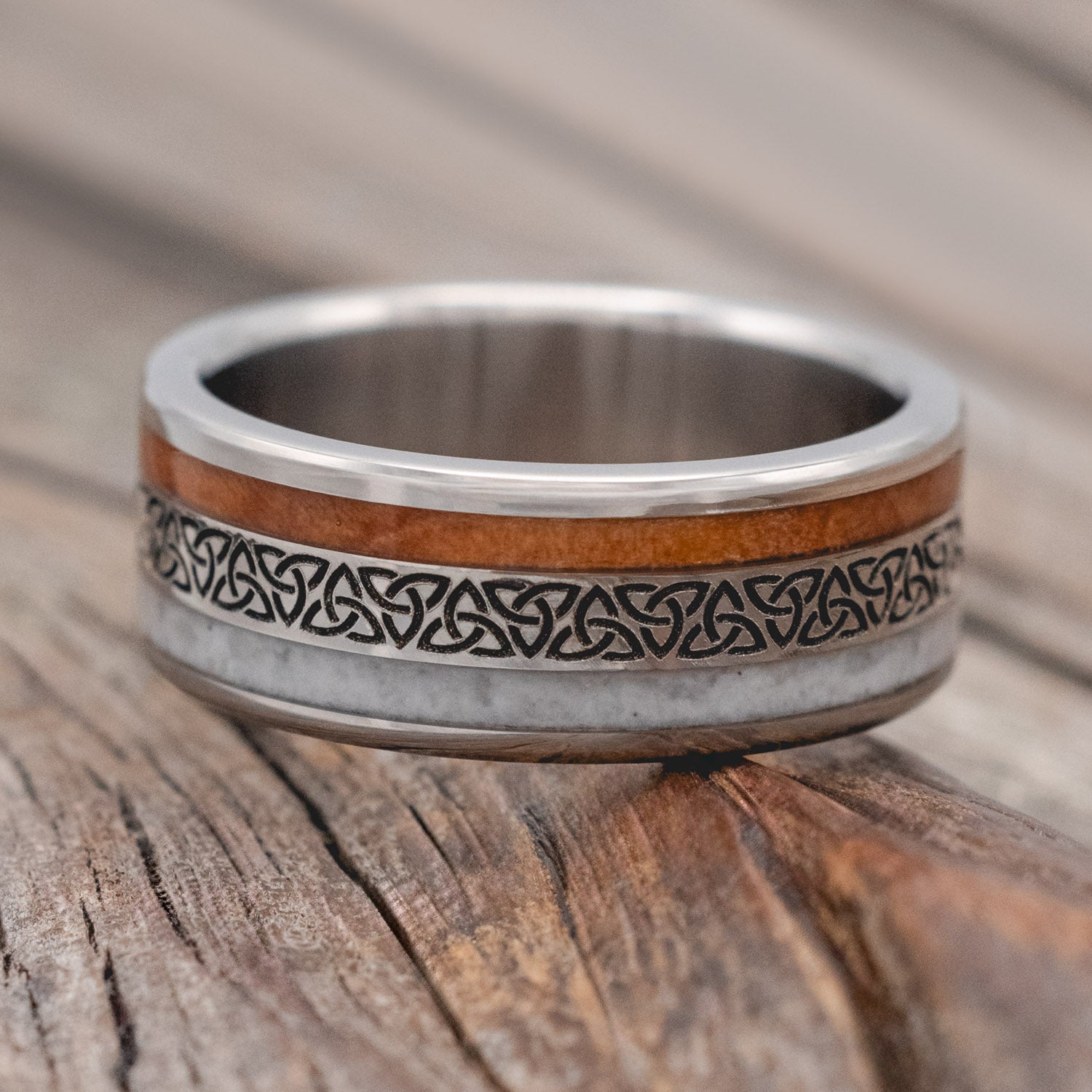 "Ryder" - engraved Celtic Triquetra knot men's wedding ring with granite & redwood inlays