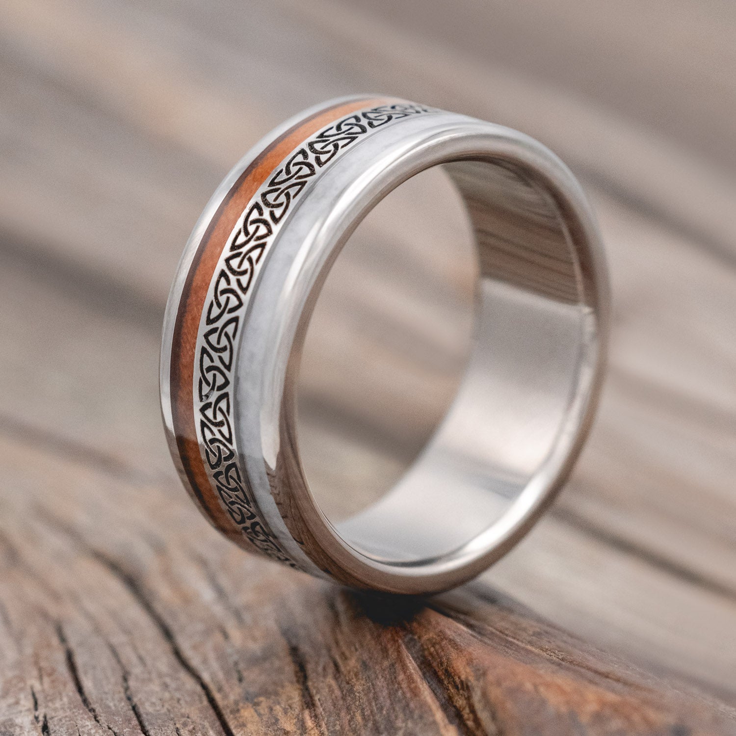 "Ryder" - engraved Celtic Triquetra knot men's wedding ring with granite & redwood inlays