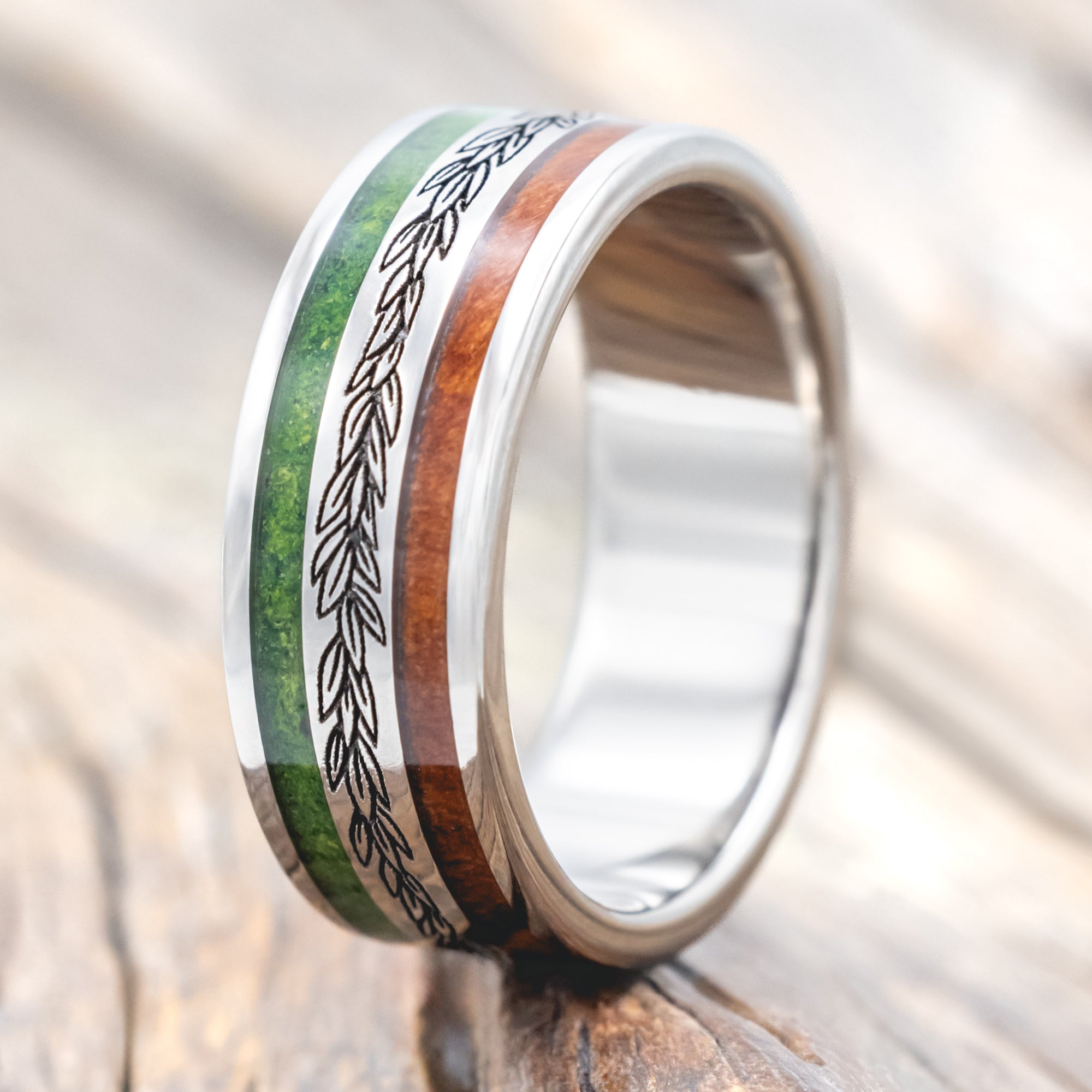 "RYDER" - LAUREL ENGRAVED WEDDING RING WITH REDWOOD & MOSS-Staghead Designs