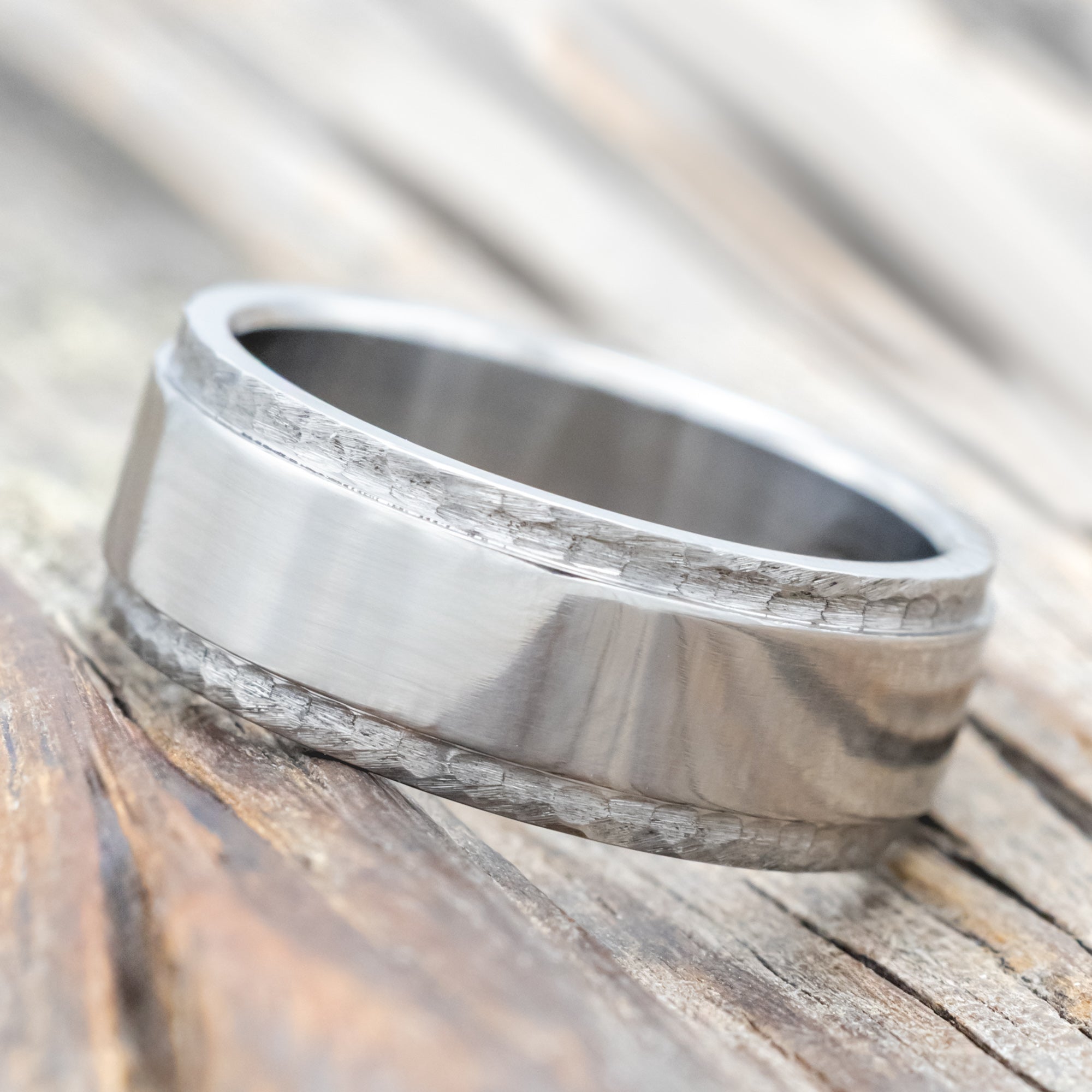 "SEDONA" - RAISED CENTER & HAMMERED EDGES WEDDING RING-Staghead Designs