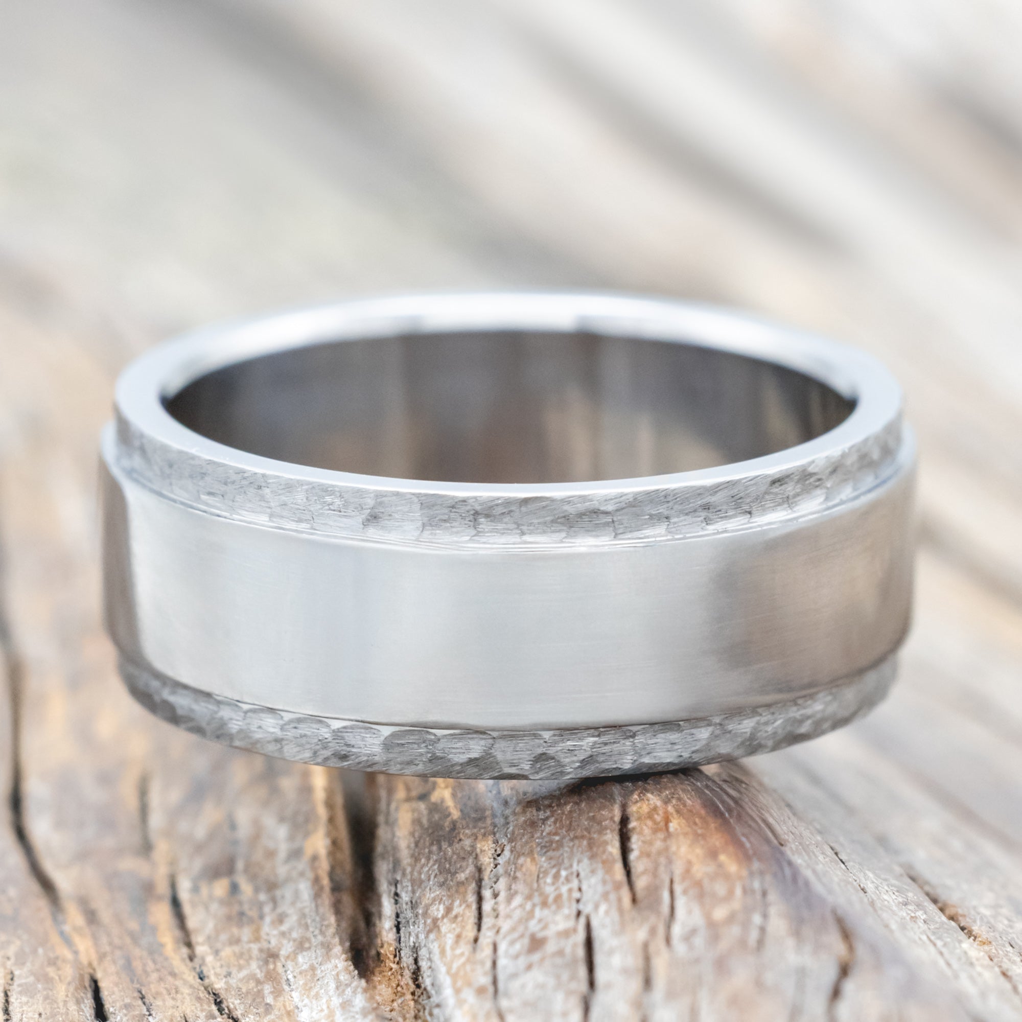 "SEDONA" - RAISED CENTER & HAMMERED EDGES WEDDING RING-Staghead Designs