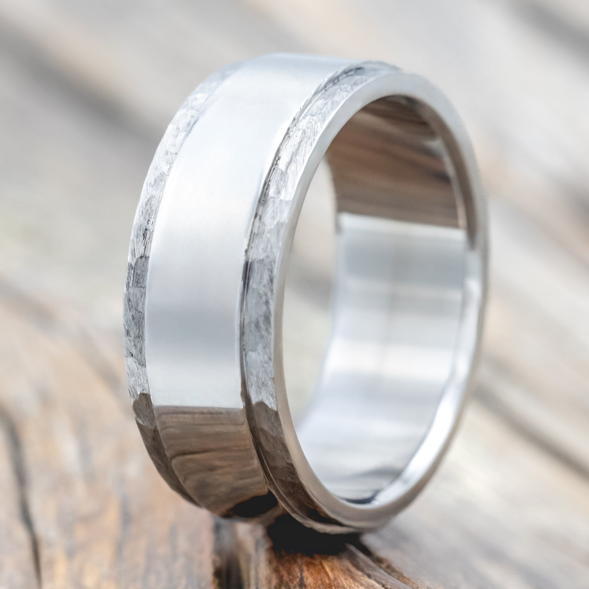 "SEDONA" - RAISED CENTER & HAMMERED EDGES WEDDING RING-Staghead Designs