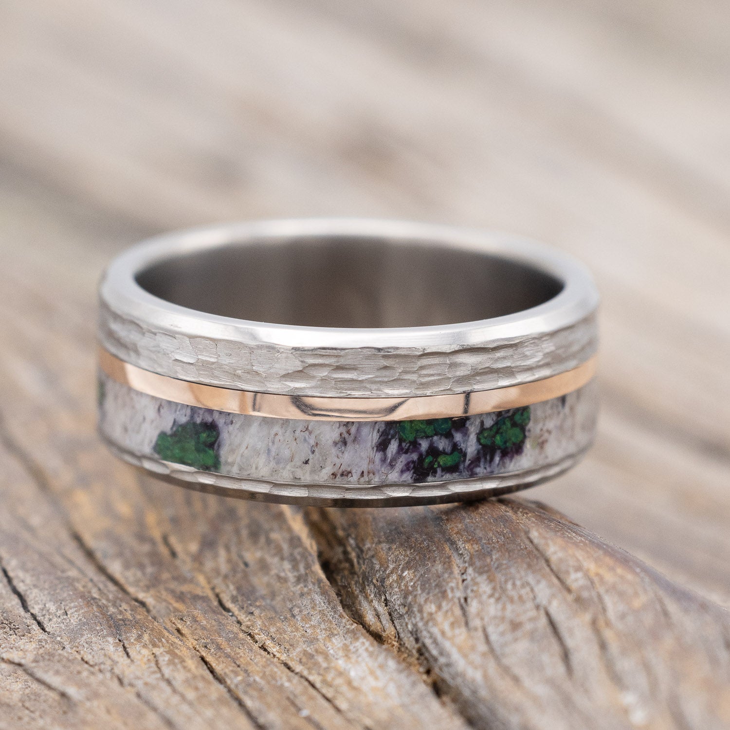 "TANNER" - ANTLER, MOSS & 14K GOLD INLAY WEDDING RING IN A HAMMERED FINISH-Staghead Designs