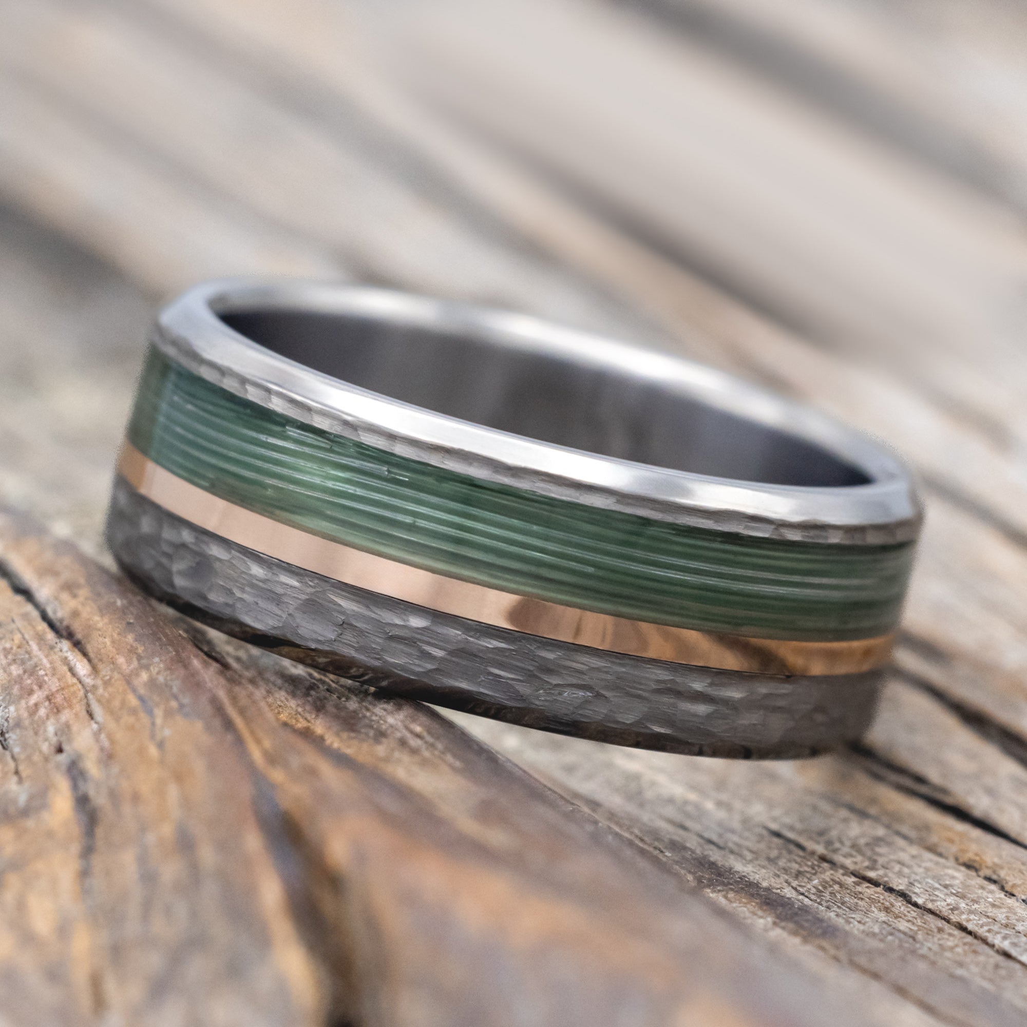 "TANNER" - FISHING LINE & 14K GOLD INLAY WEDDING RING WITH A HAMMERED FINISH-Staghead Designs
