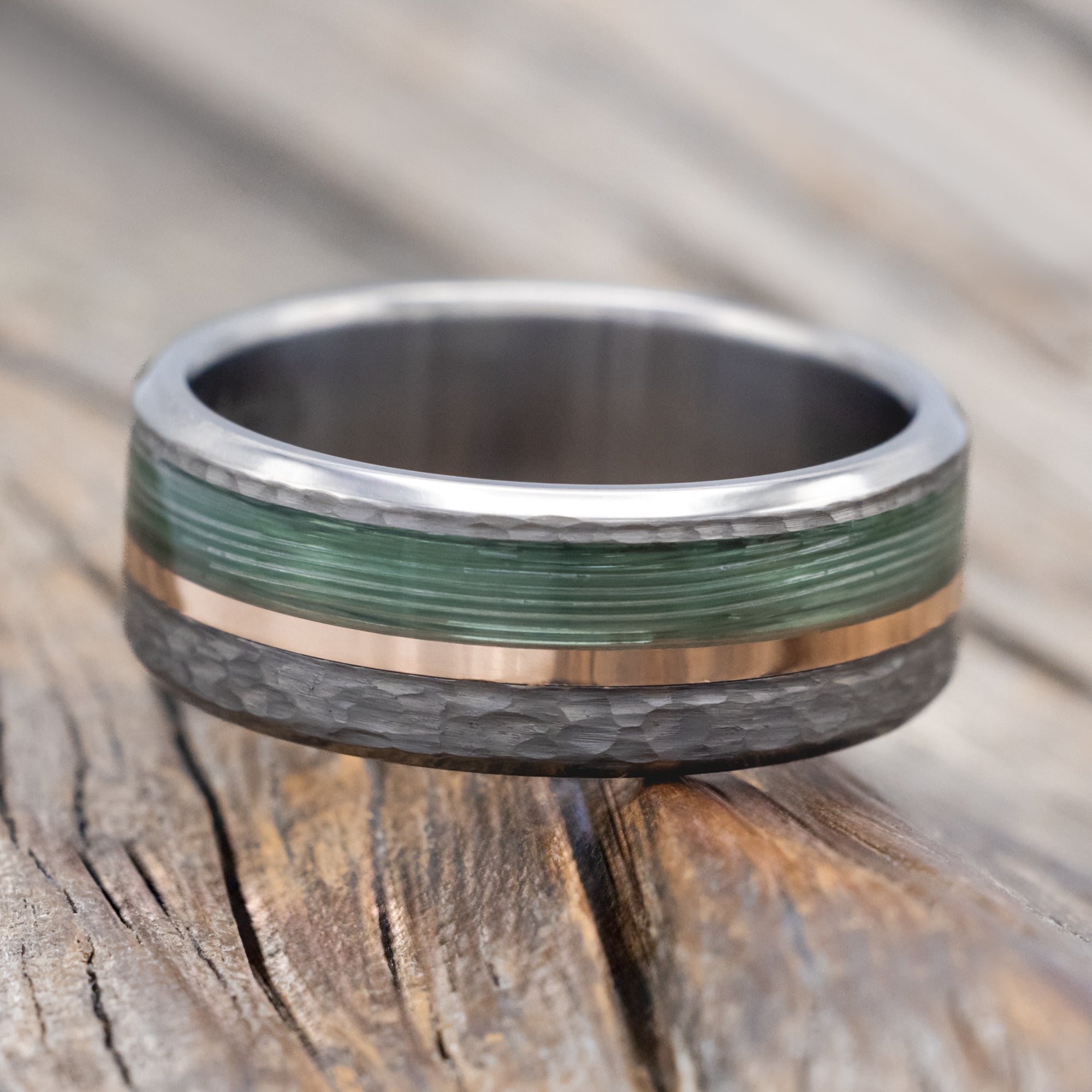 "TANNER" - FISHING LINE & 14K GOLD INLAY WEDDING RING WITH A HAMMERED FINISH-Staghead Designs