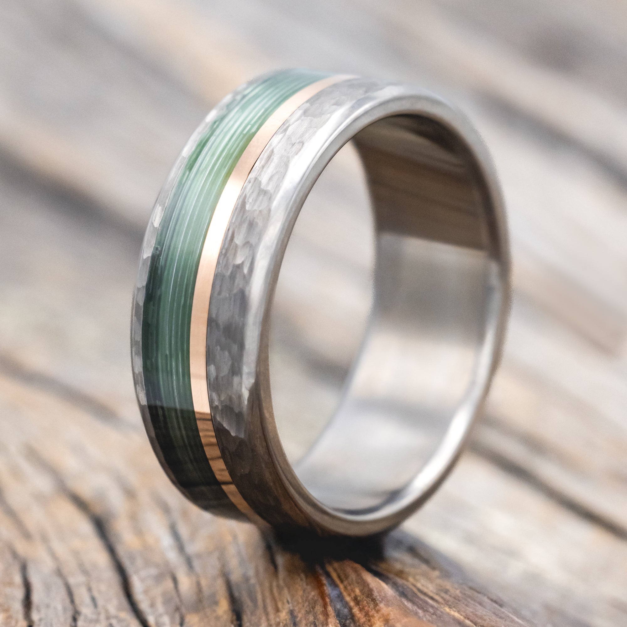 "TANNER" - FISHING LINE & 14K GOLD INLAY WEDDING RING WITH A HAMMERED FINISH-Staghead Designs