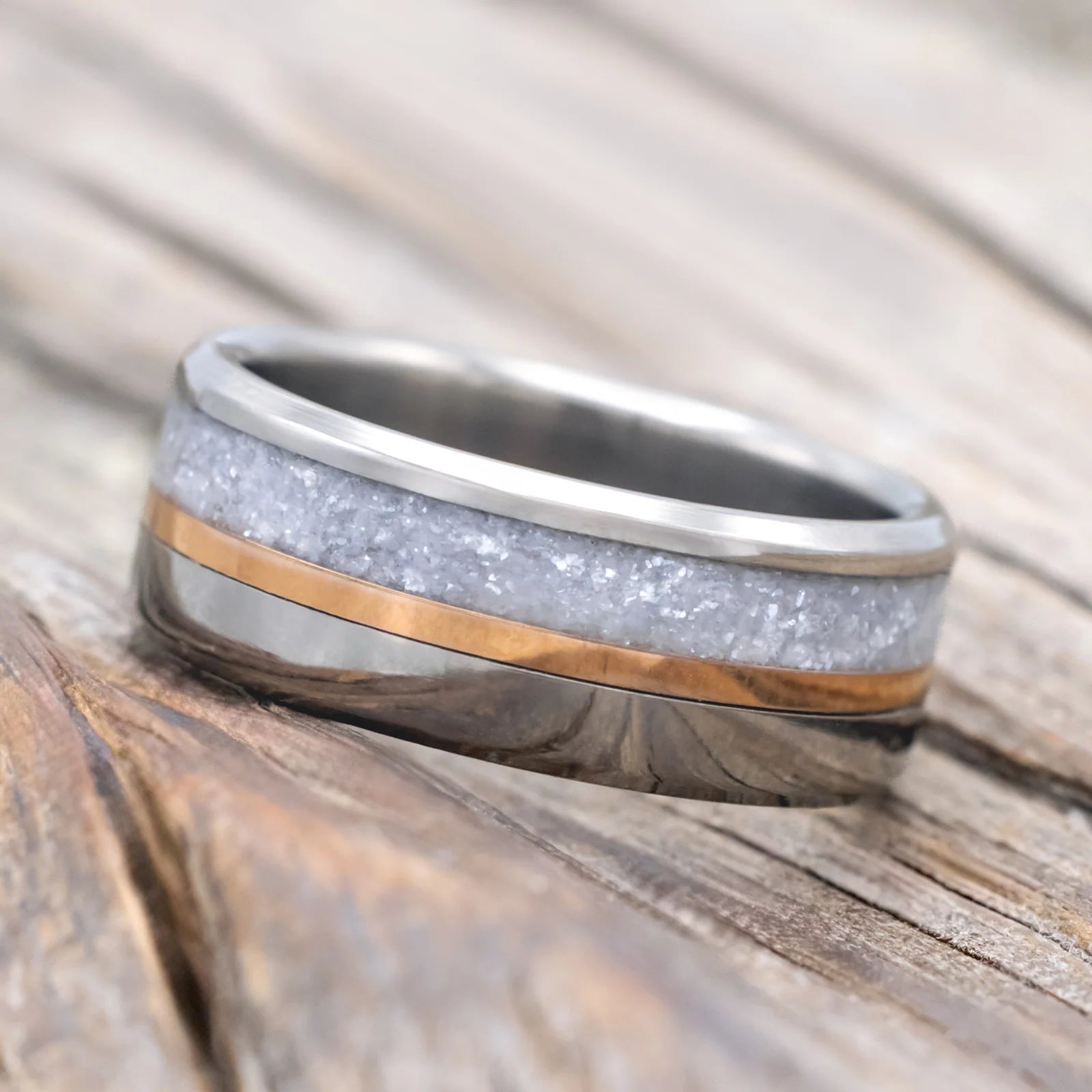 "Tanner" - Diamond Dust & 14K Rose Gold Inlay Wedding Band - Titanium (6mm) - Size 8 3/4-Staghead Designs