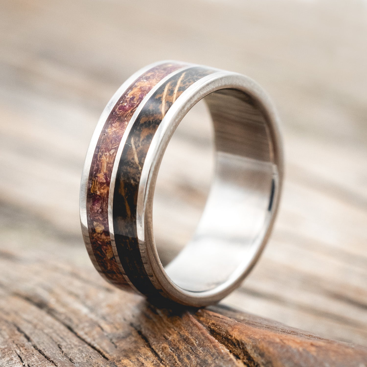 "DYAD" - MATCHING SET OF ROSE PETALS, TATTOO INK & WHISKEY BARREL OAK INLAY WEDDING BANDS-Staghead Designs
