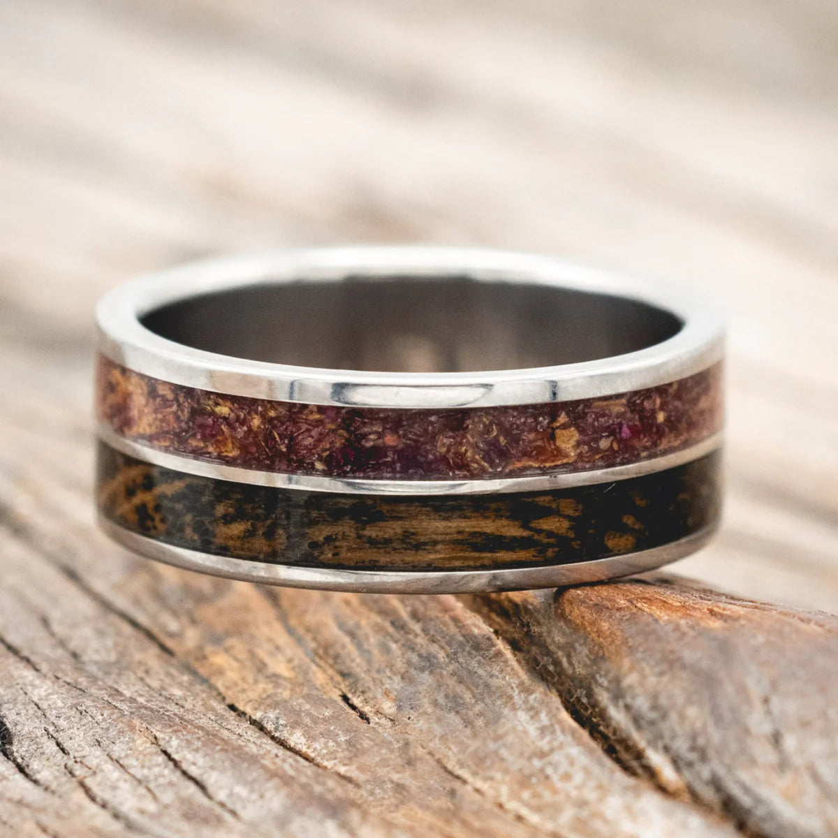 "Dyad" - Tattoo Ink, Rose Petals & Whiskey Barrel Oak Wedding Band - Titanium (8mm) - Size 10