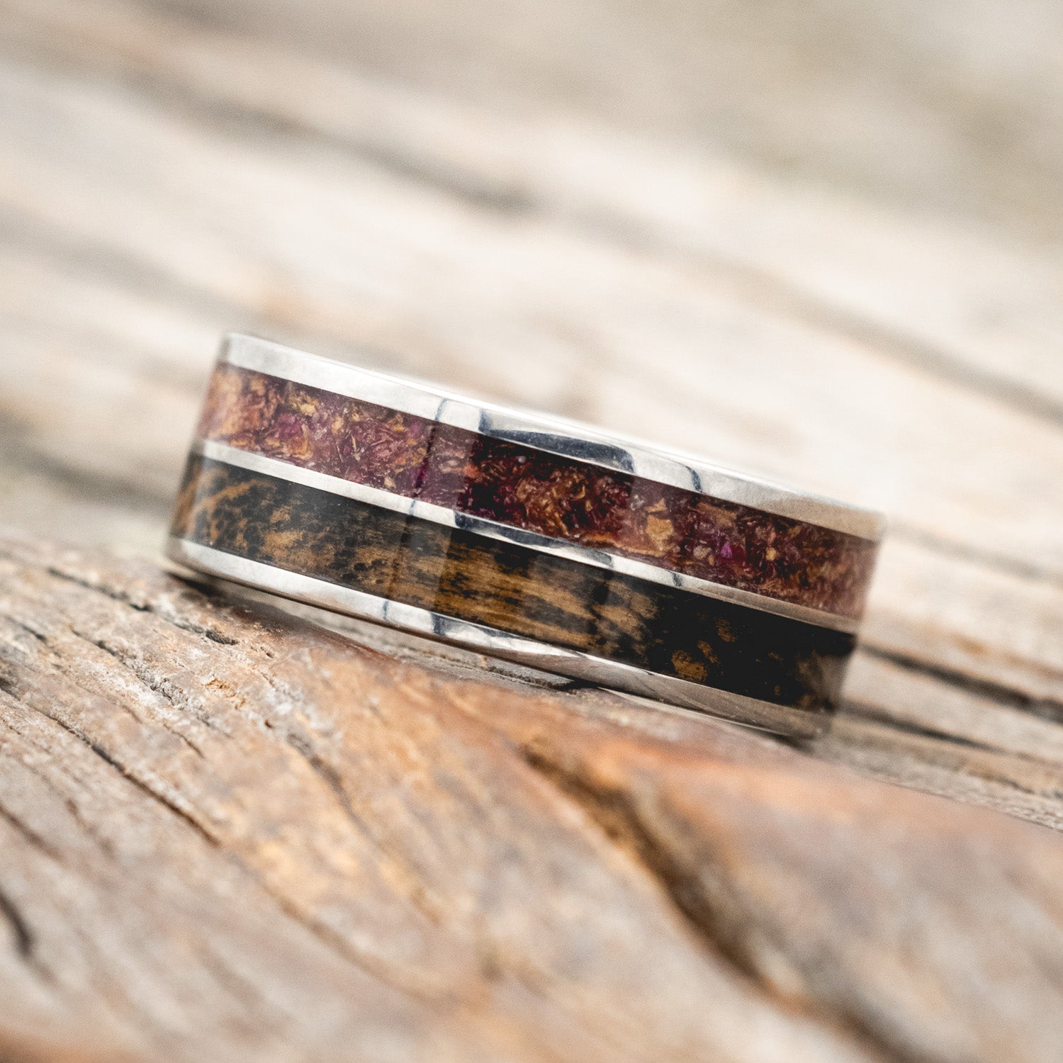"DYAD" - TATTOO INK, ROSE PETALS & WHISKEY BARREL OAK WEDDING BAND-Staghead Designs