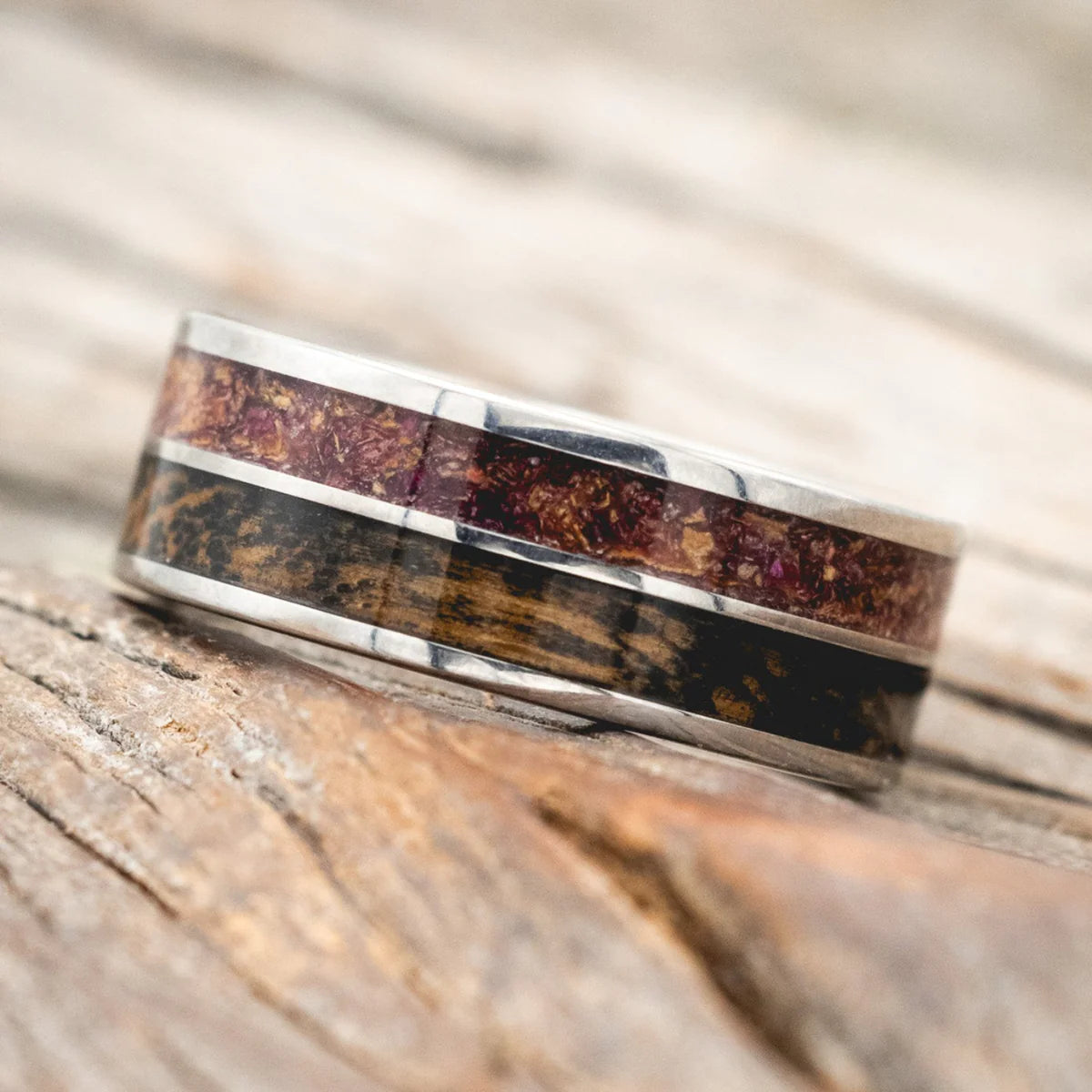 "Dyad" - Tattoo Ink, Rose Petals & Whiskey Barrel Oak Wedding Band - Titanium (8mm) - Size 10