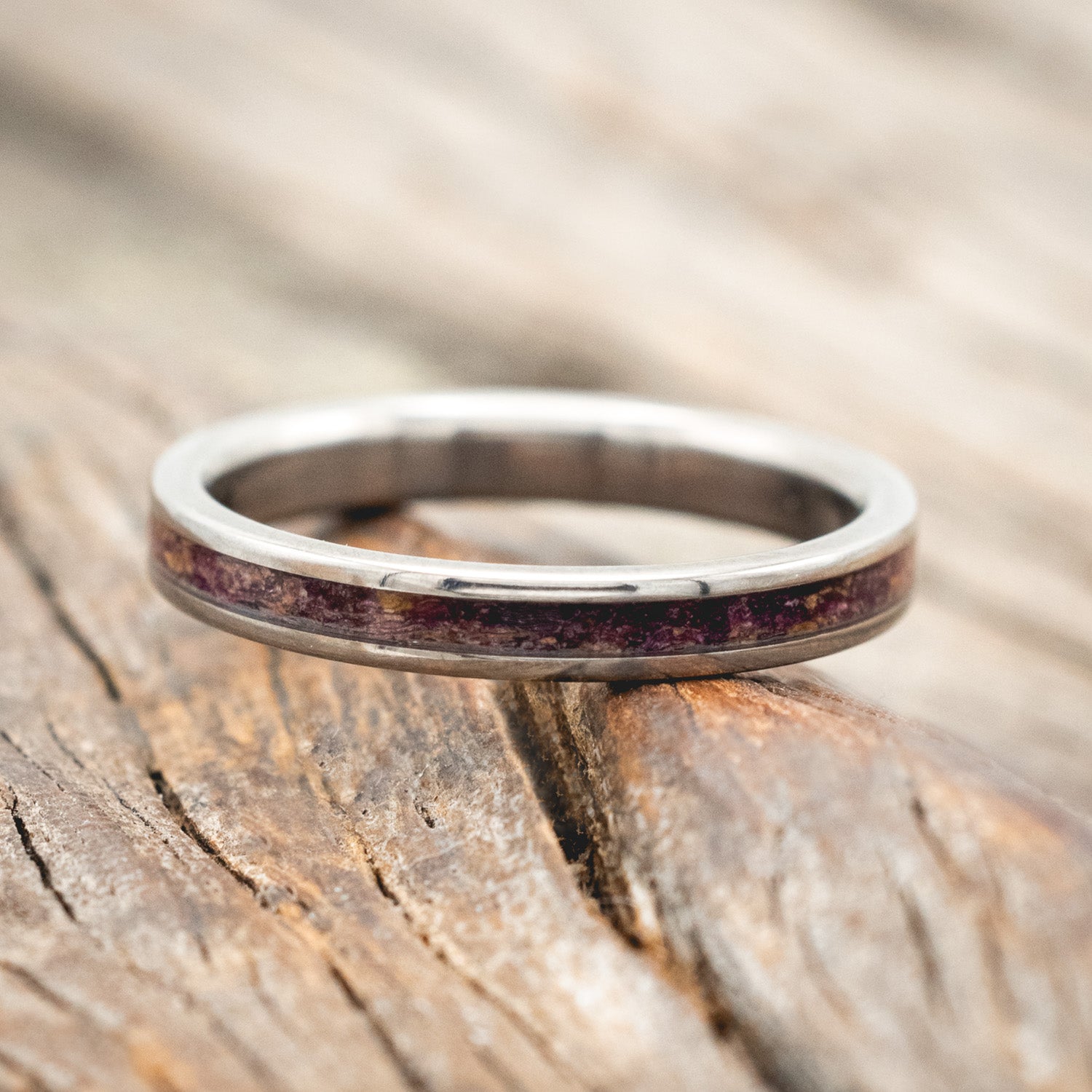 "DYAD" - MATCHING SET OF ROSE PETALS, TATTOO INK & WHISKEY BARREL OAK INLAY WEDDING BANDS-Staghead Designs
